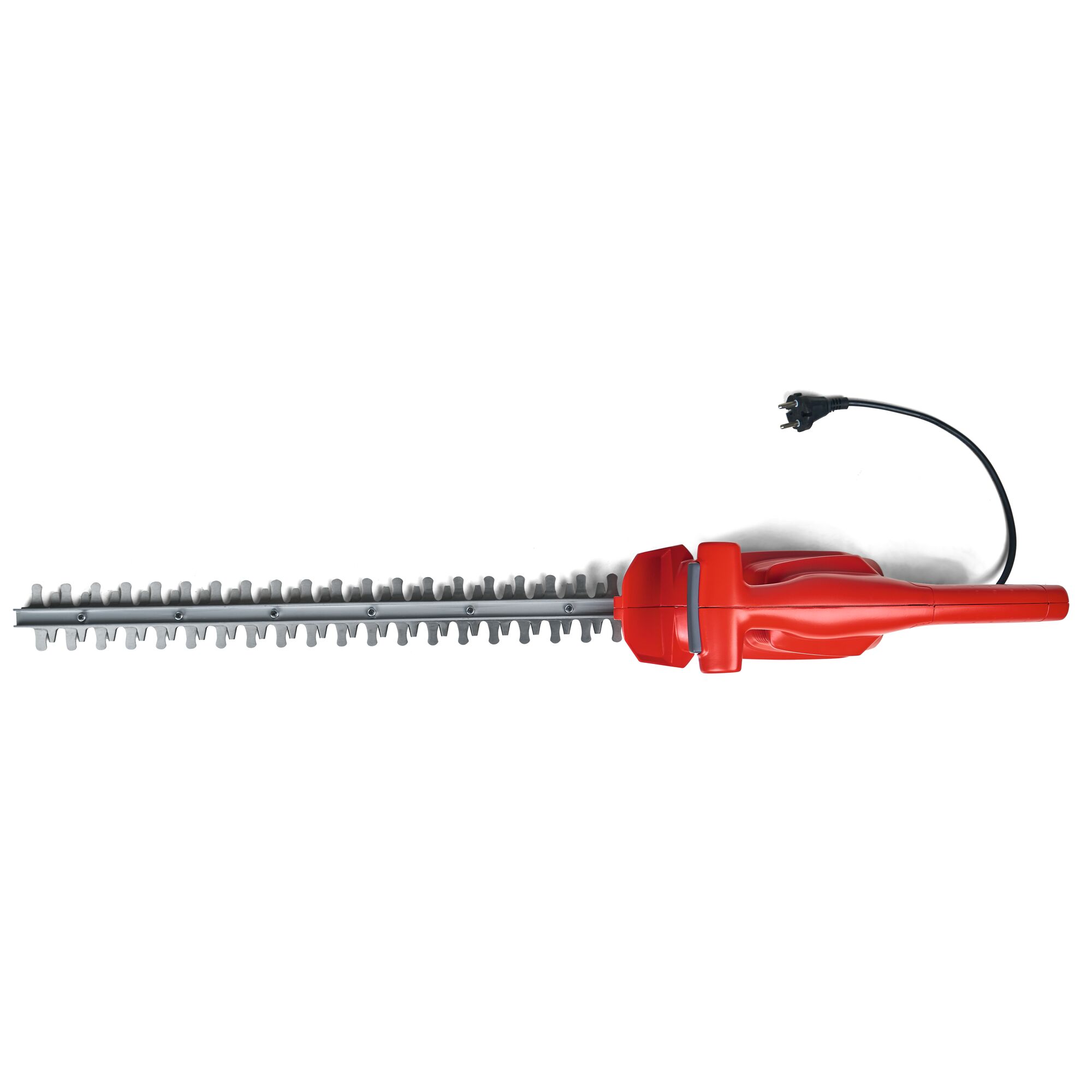 A red electric hedge trimmer with a long blade and a black power cord, shown against a white background.