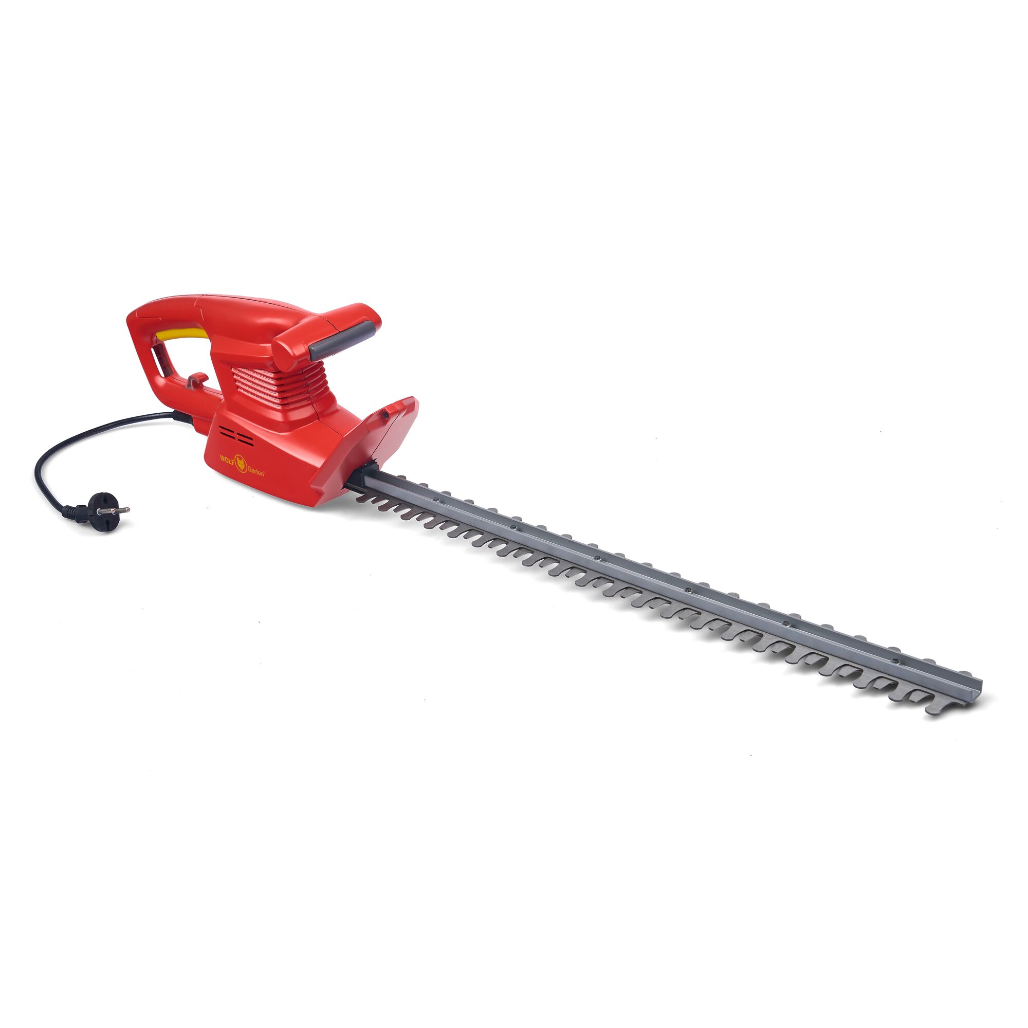 A red electric hedge trimmer with a long blade and a black power cord. The tool is designed for trimming hedges and shrubs.