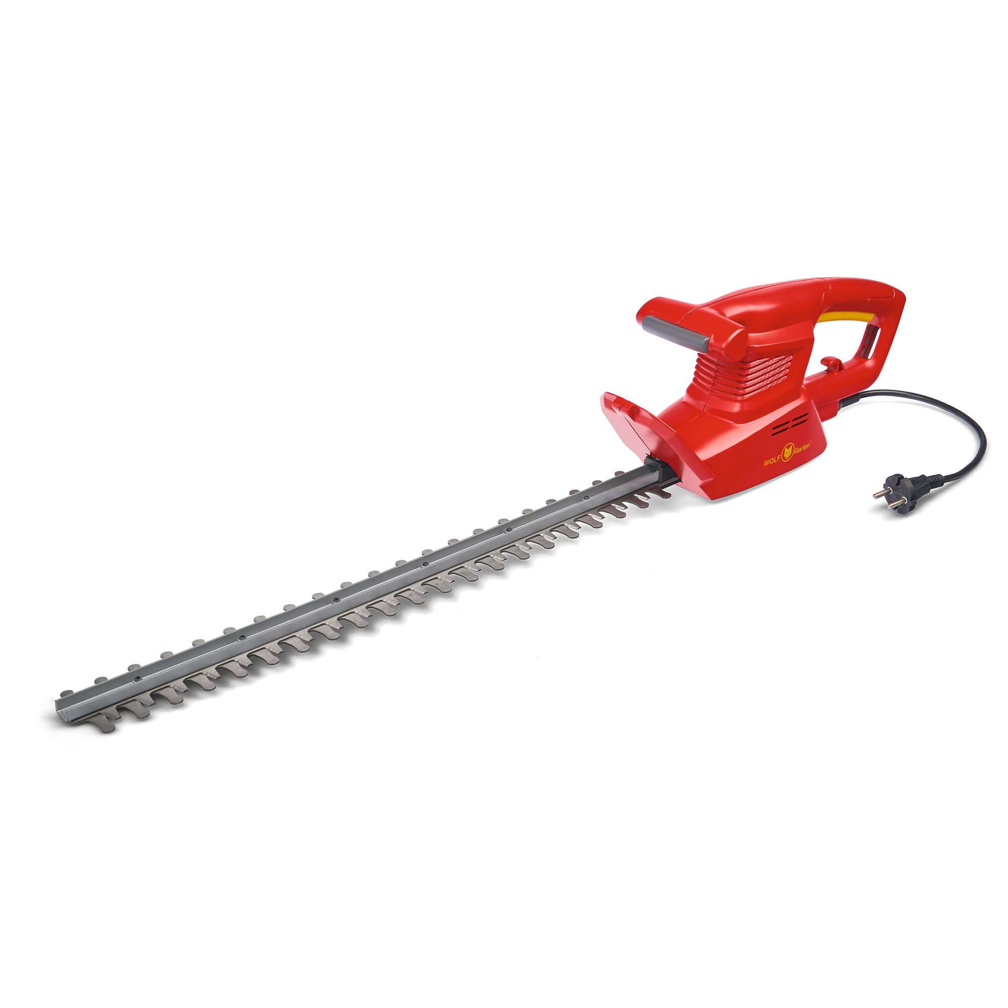 A red electric hedge trimmer with a long cutting blade and a black power cord, shown against a white background.