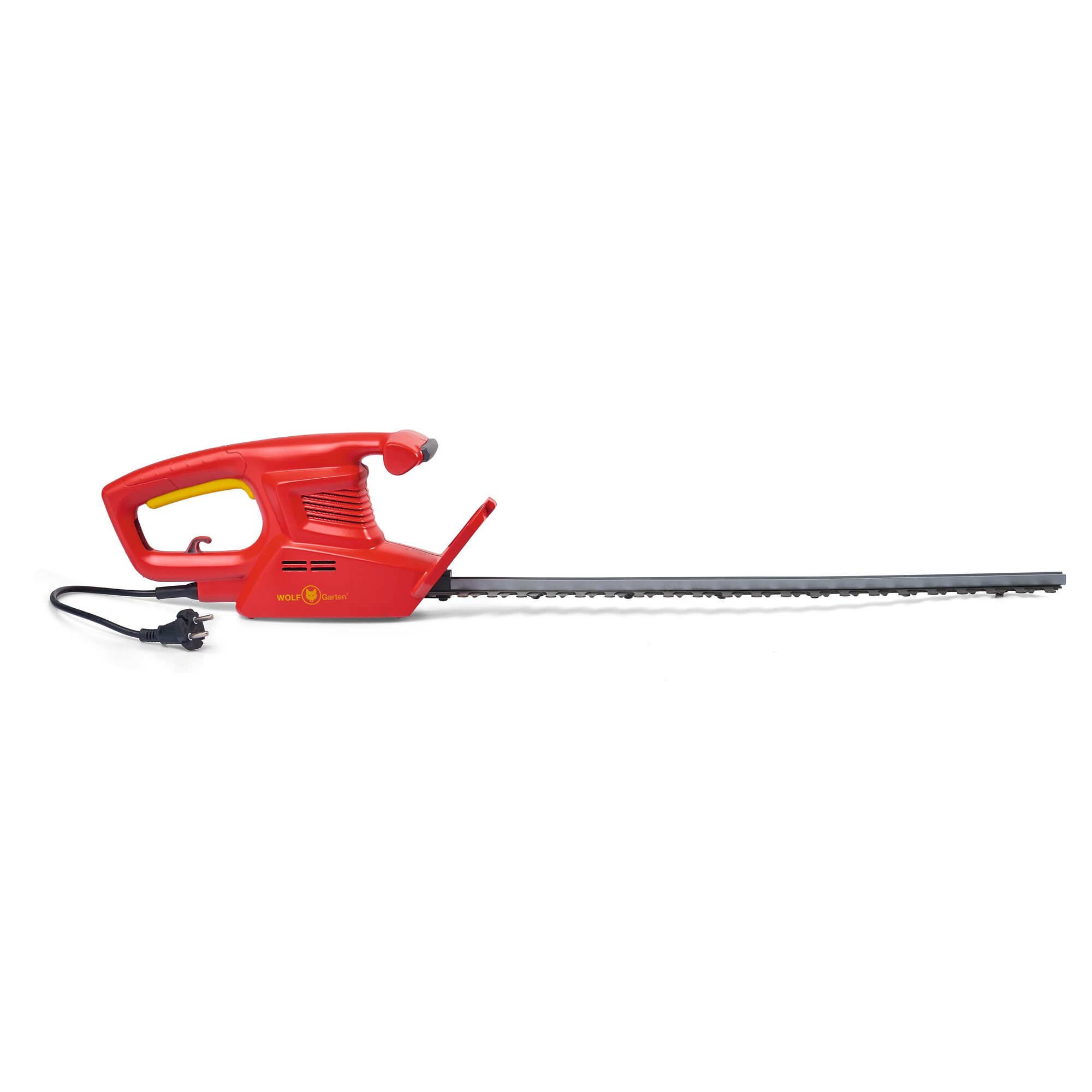 A red electric hedge trimmer with a black blade and cord, shown on a white background. The handle is ergonomic and the branding reads WOLF-Garten.
