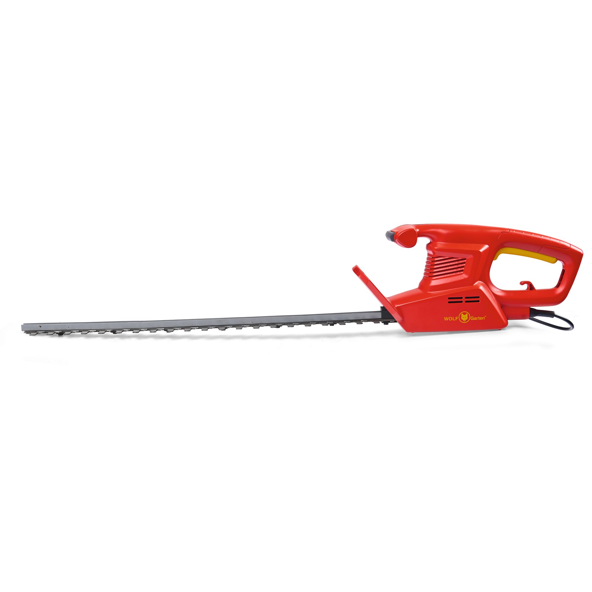 A red electric hedge trimmer with a long blade and ergonomic handle, branded WOLFGarten.