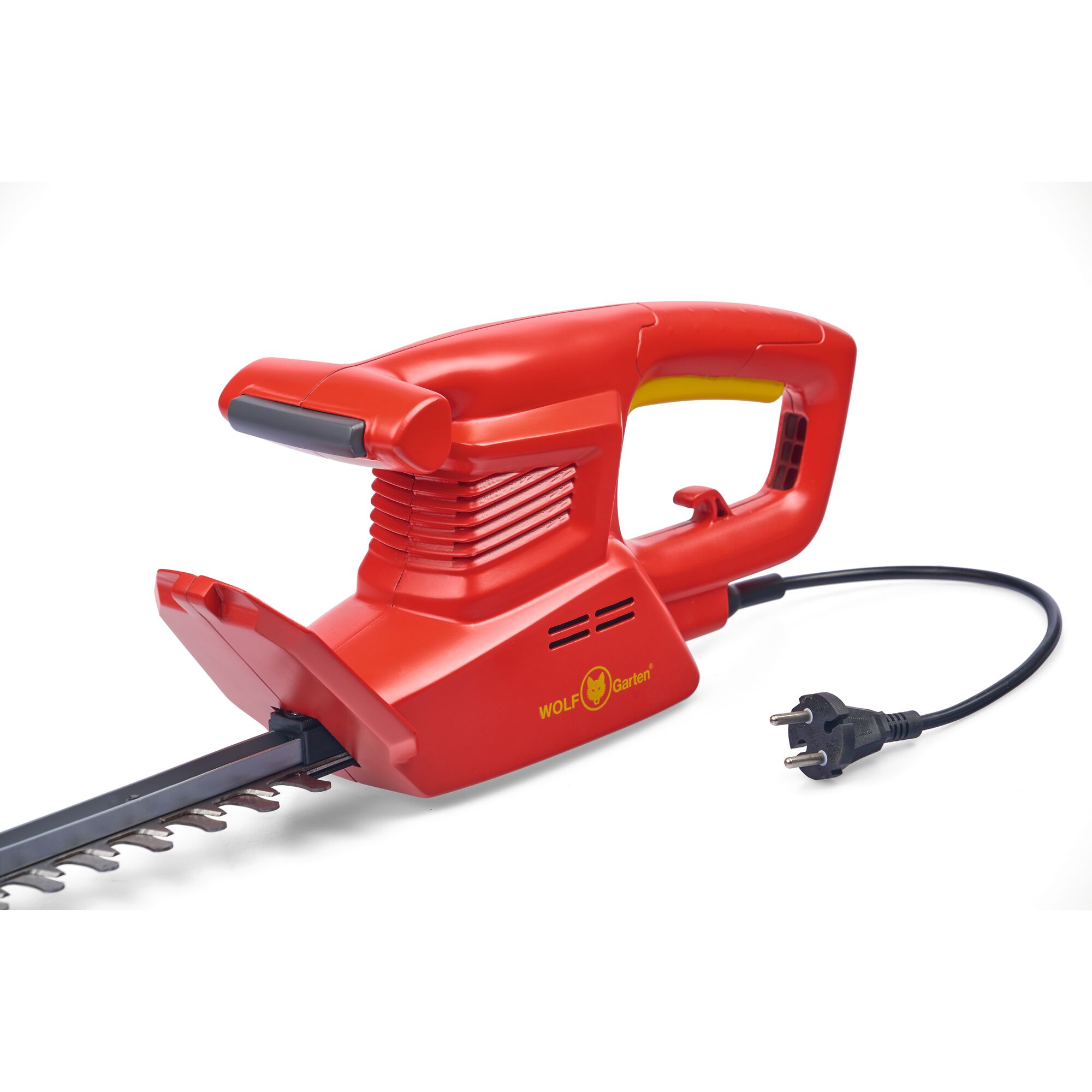 A red electric hedge trimmer from WOLF-Garten with a black power cord and plug, displayed on a white background.
