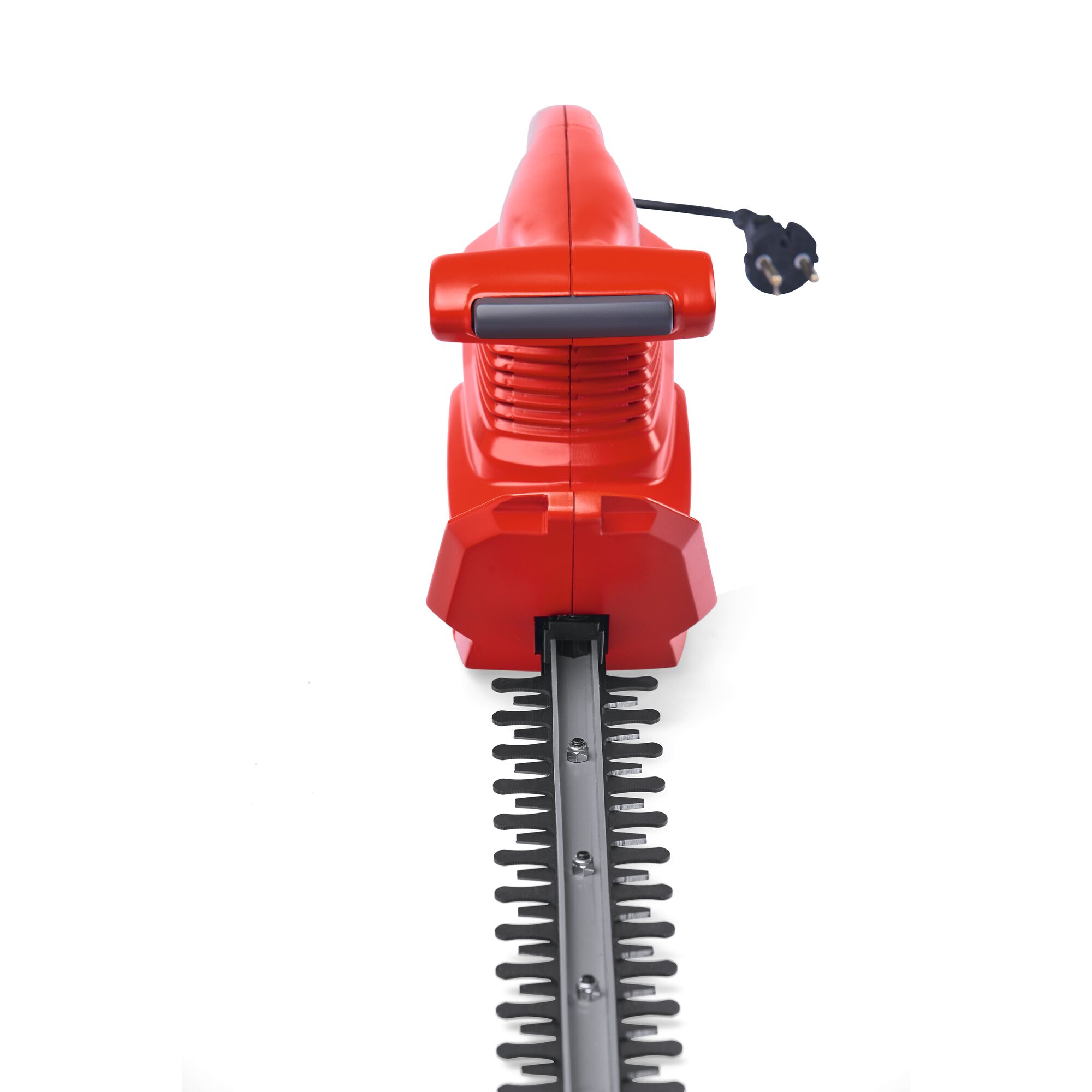 Front view of a red electric hedge trimmer with visible blade and power cord, shown against a white background.