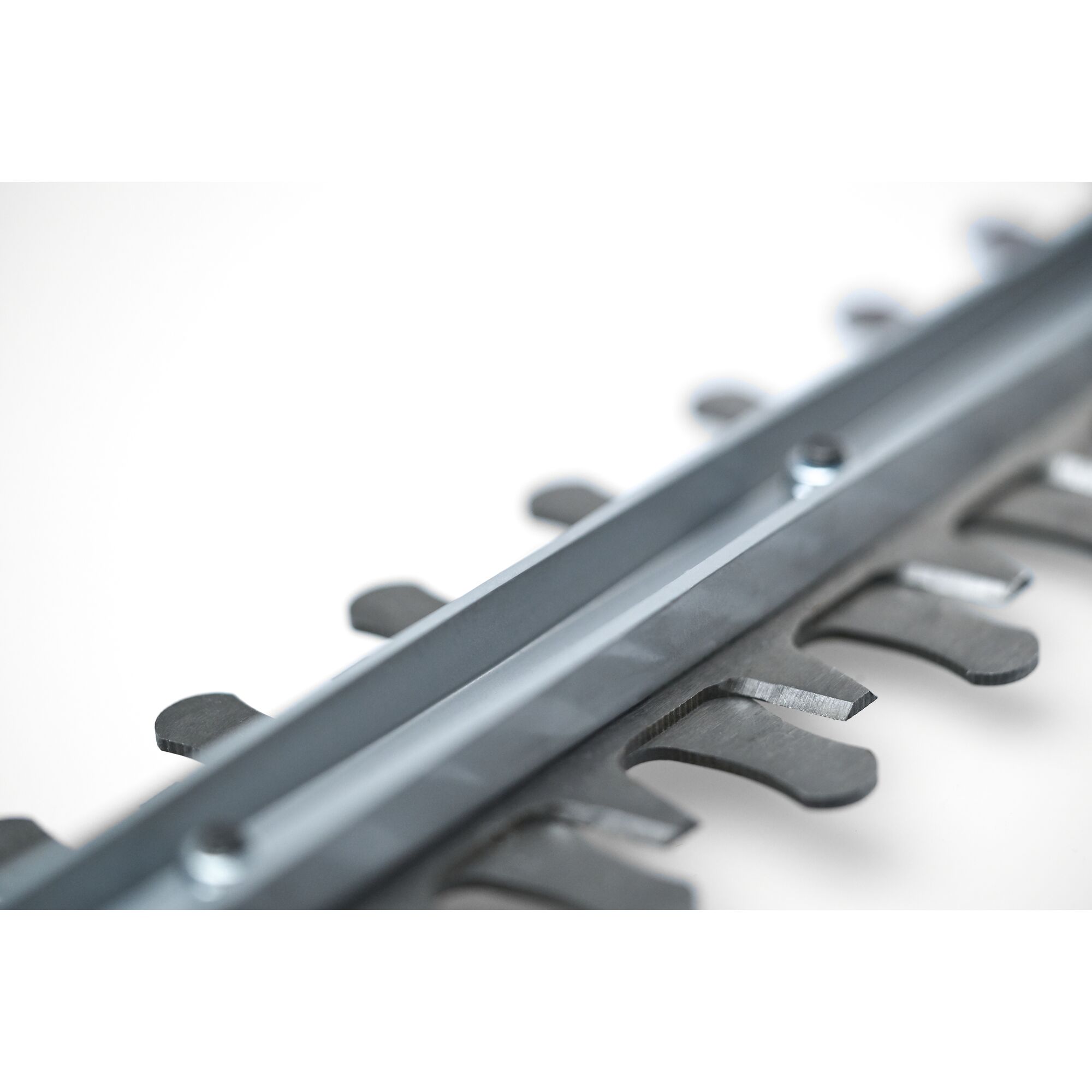 Close-up view of the blades on a hedge trimmer, showing the sharp metal teeth and part of the frame.