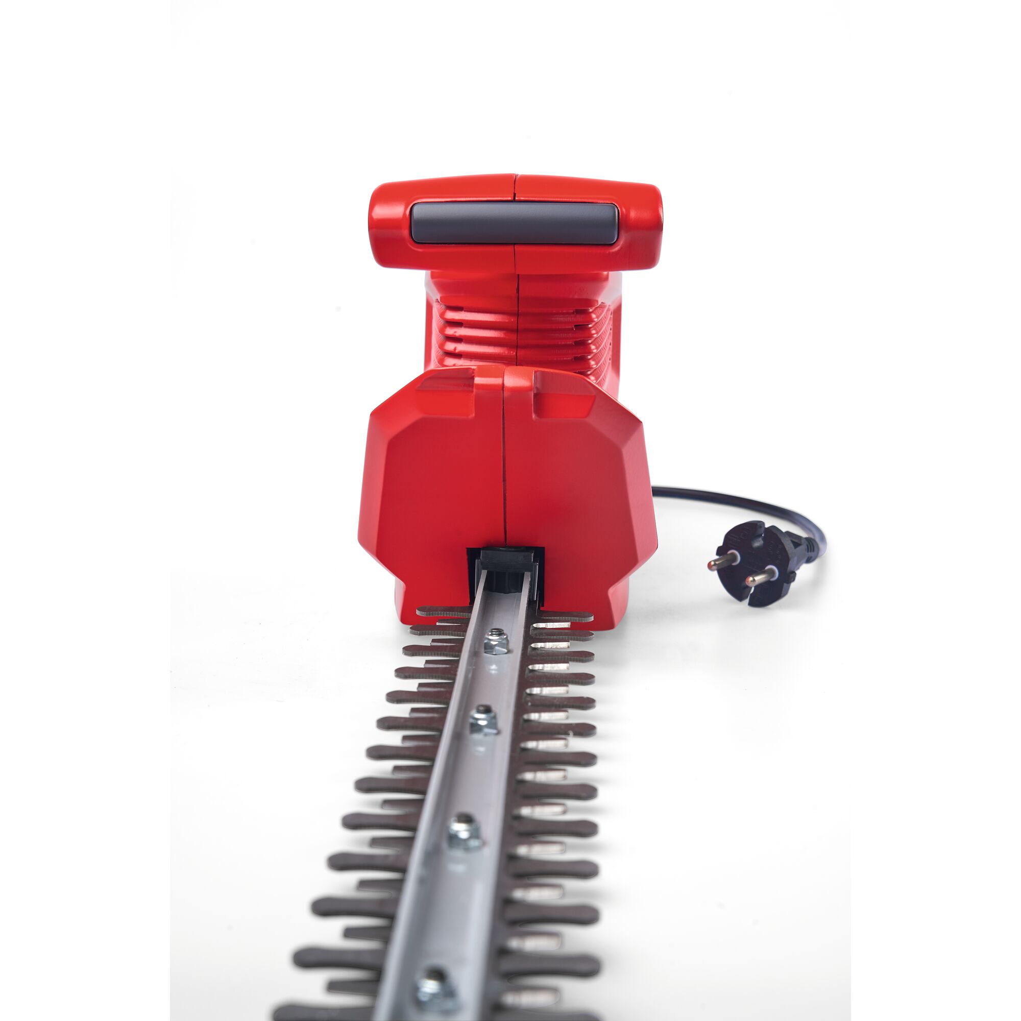 Front view of a red electric hedge trimmer with a power cord and plug, showing the blade and handle against a white background.