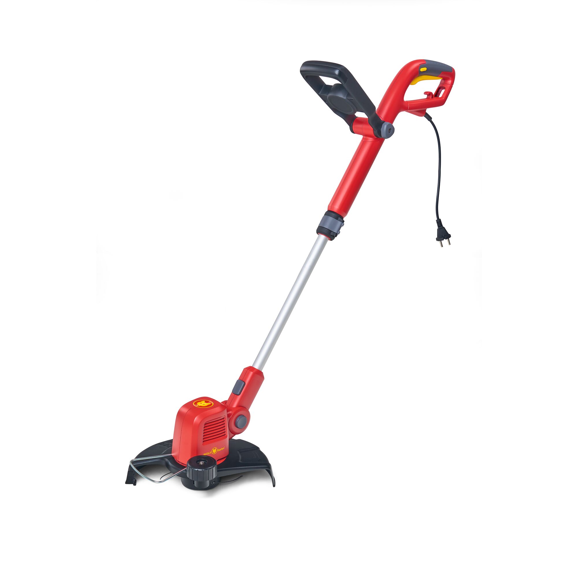 A red and yellow electric grass trimmer with a black handle and cord, designed for garden maintenance.