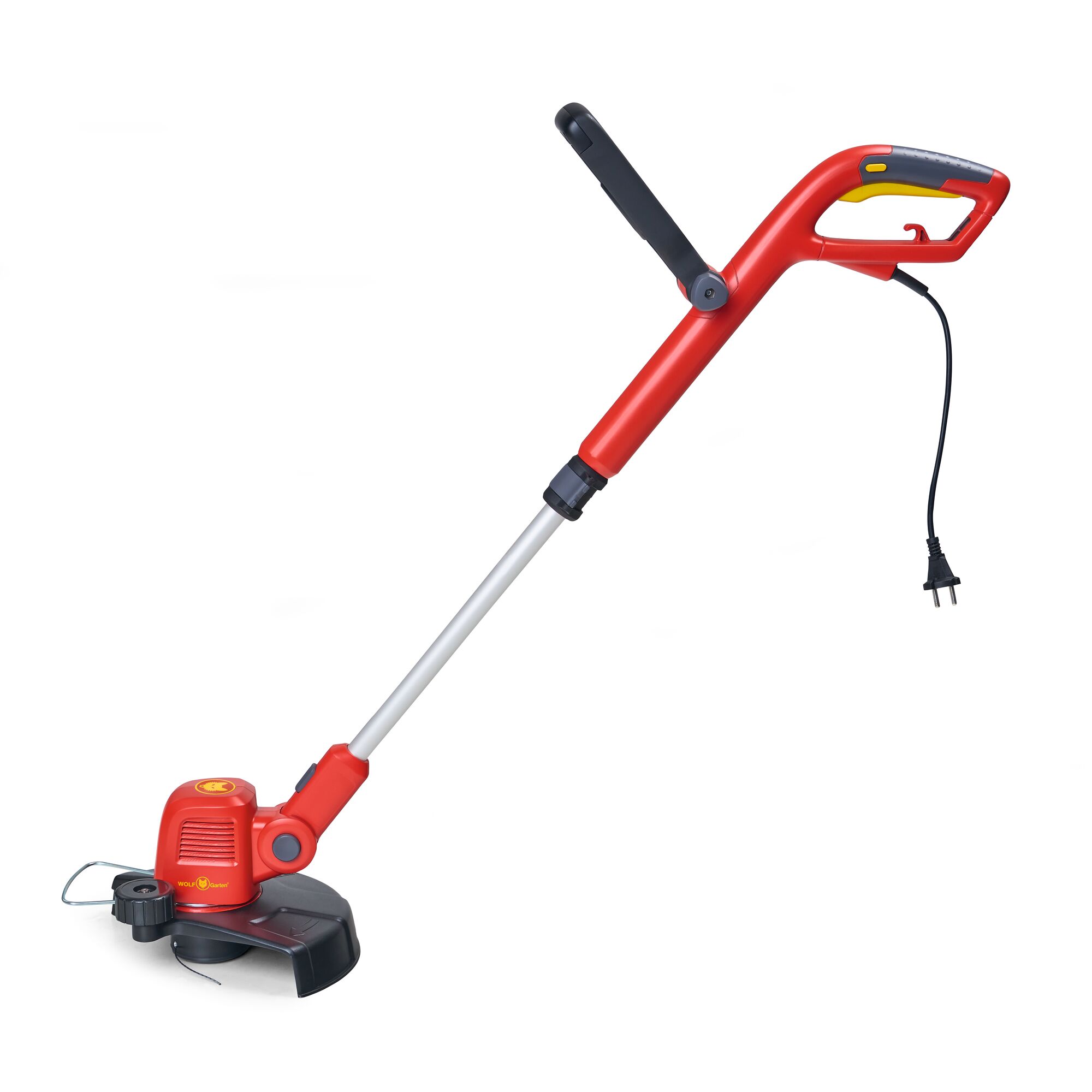 A red and black electric grass trimmer with a cord and adjustable handle, designed for garden maintenance.