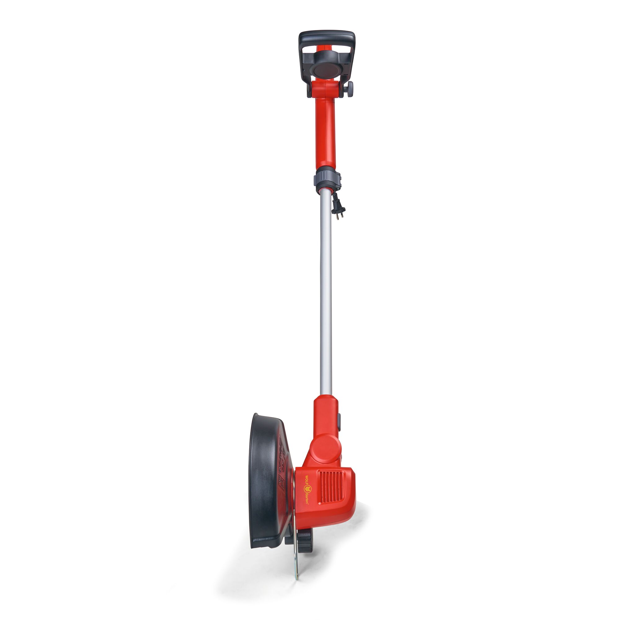 A red electric grass trimmer with a black handle and protective guard, designed for garden use. The device is displayed upright against a white background.