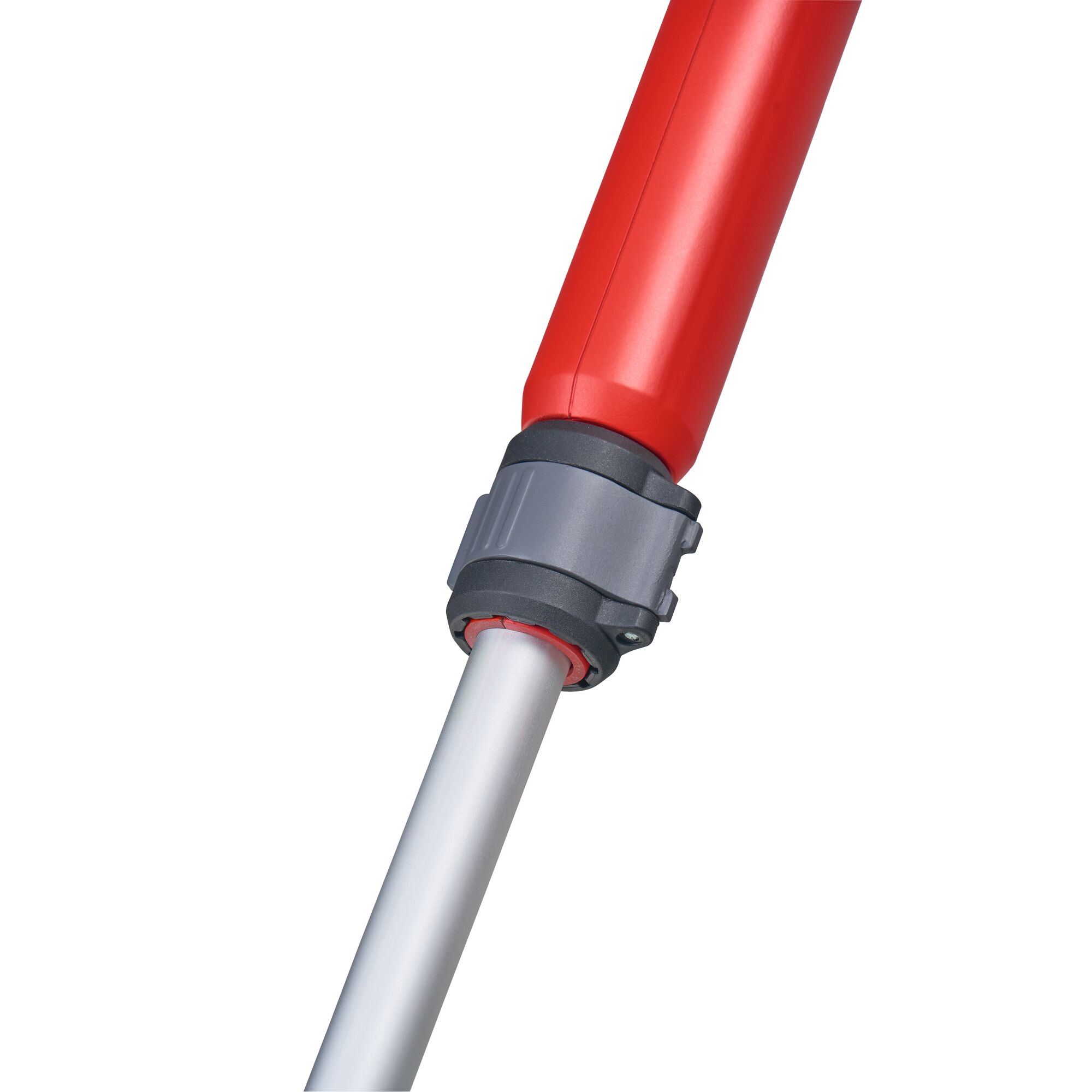 Close-up of a red and silver telescopic pole with a grey adjustment clamp, showing the connection and locking mechanism.
