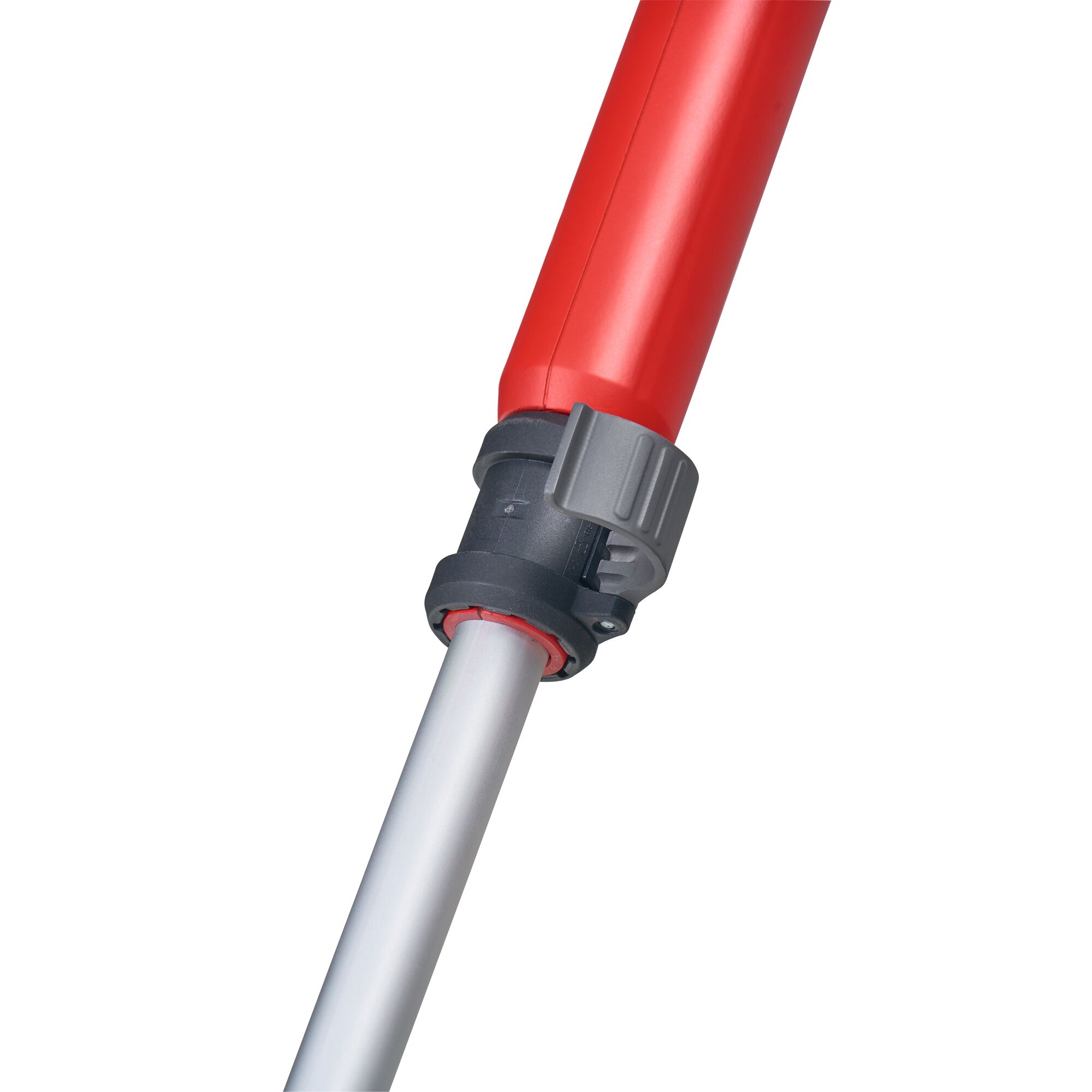 Close-up of a telescopic pole with a red and grey locking mechanism, used for gardening tools.
