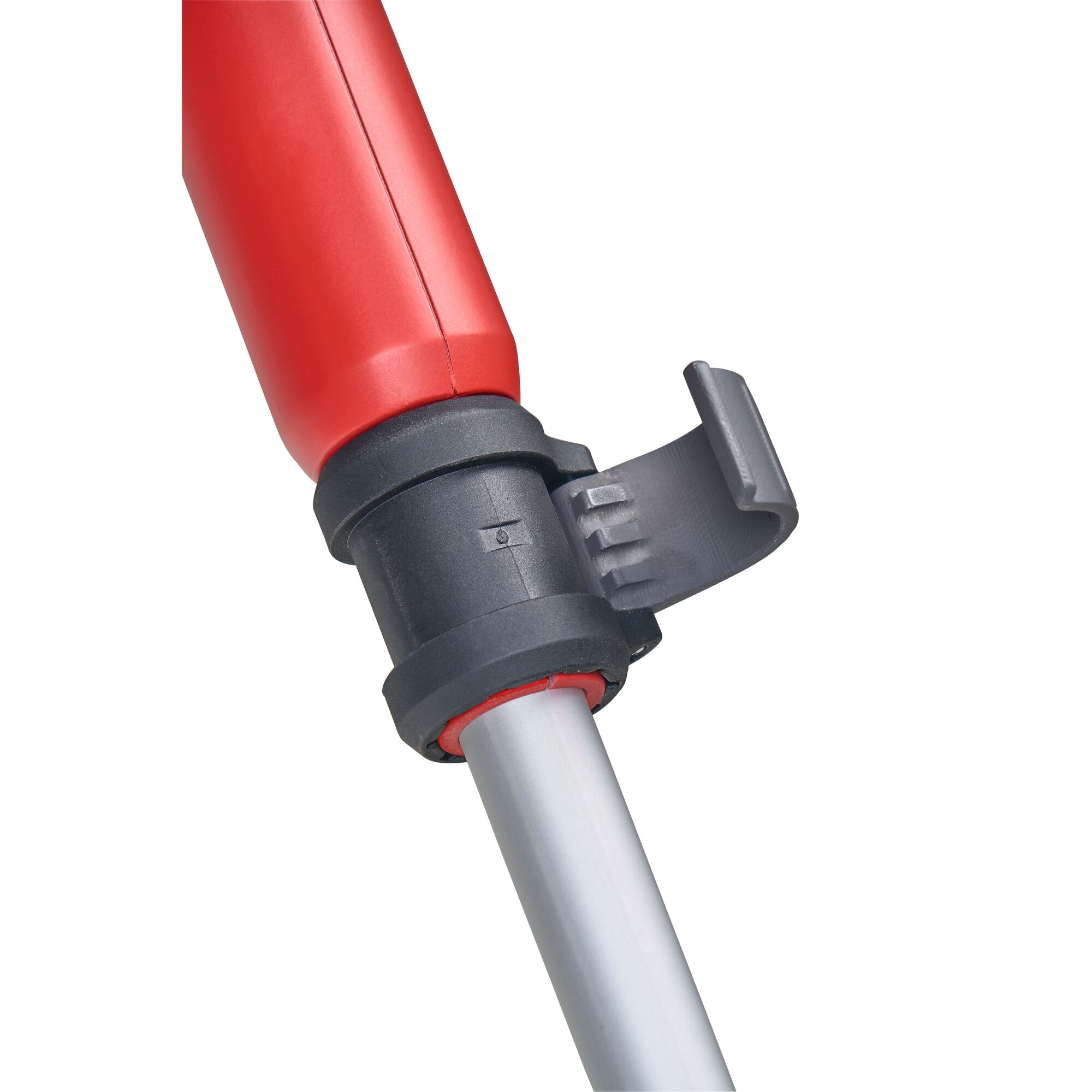 Close-up of a red and grey adjustable handle mechanism, featuring a locking lever on a metallic pole, likely part of a gardening tool.