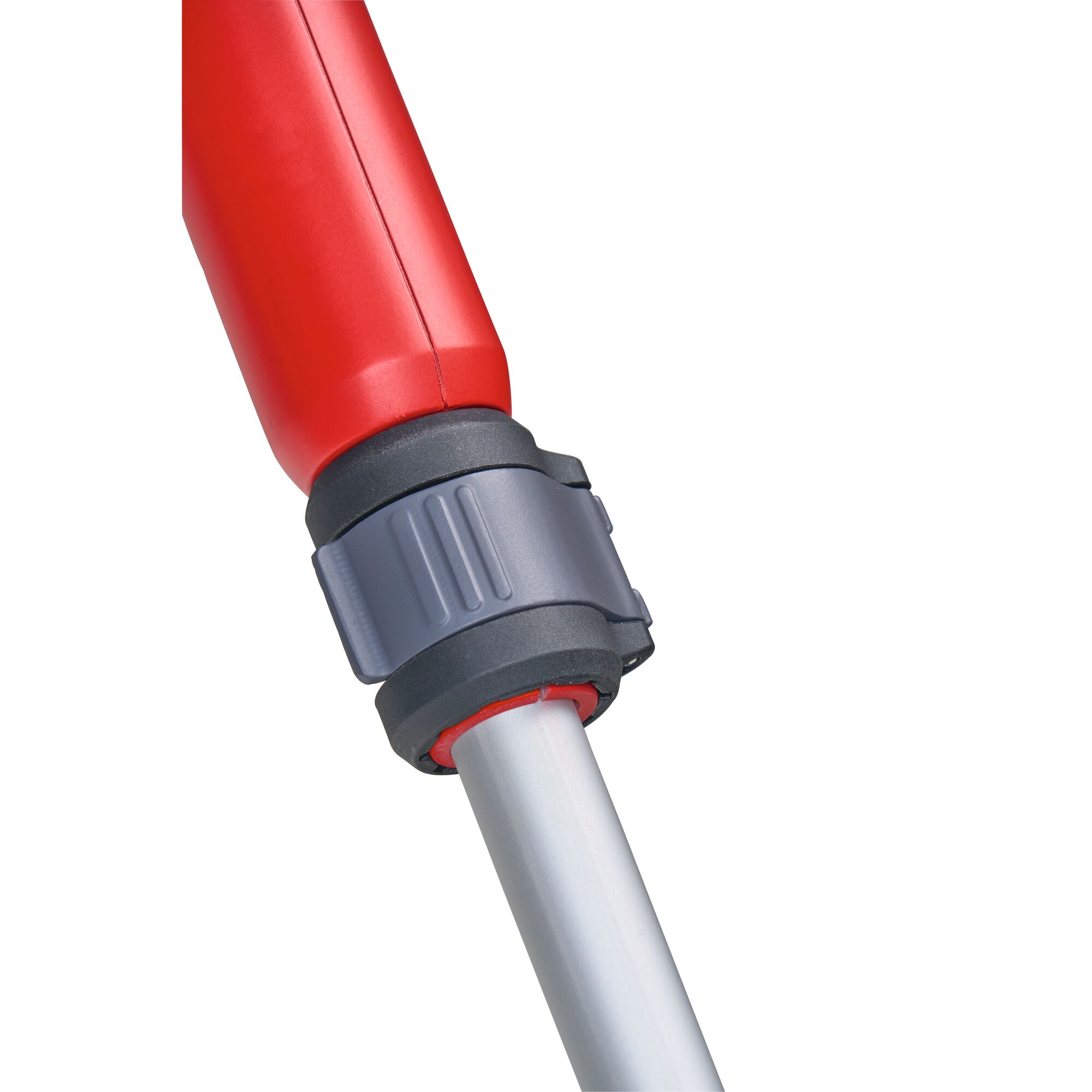 Close-up of a red and grey handle with an adjustable locking mechanism on a metal pole, likely part of a garden tool.