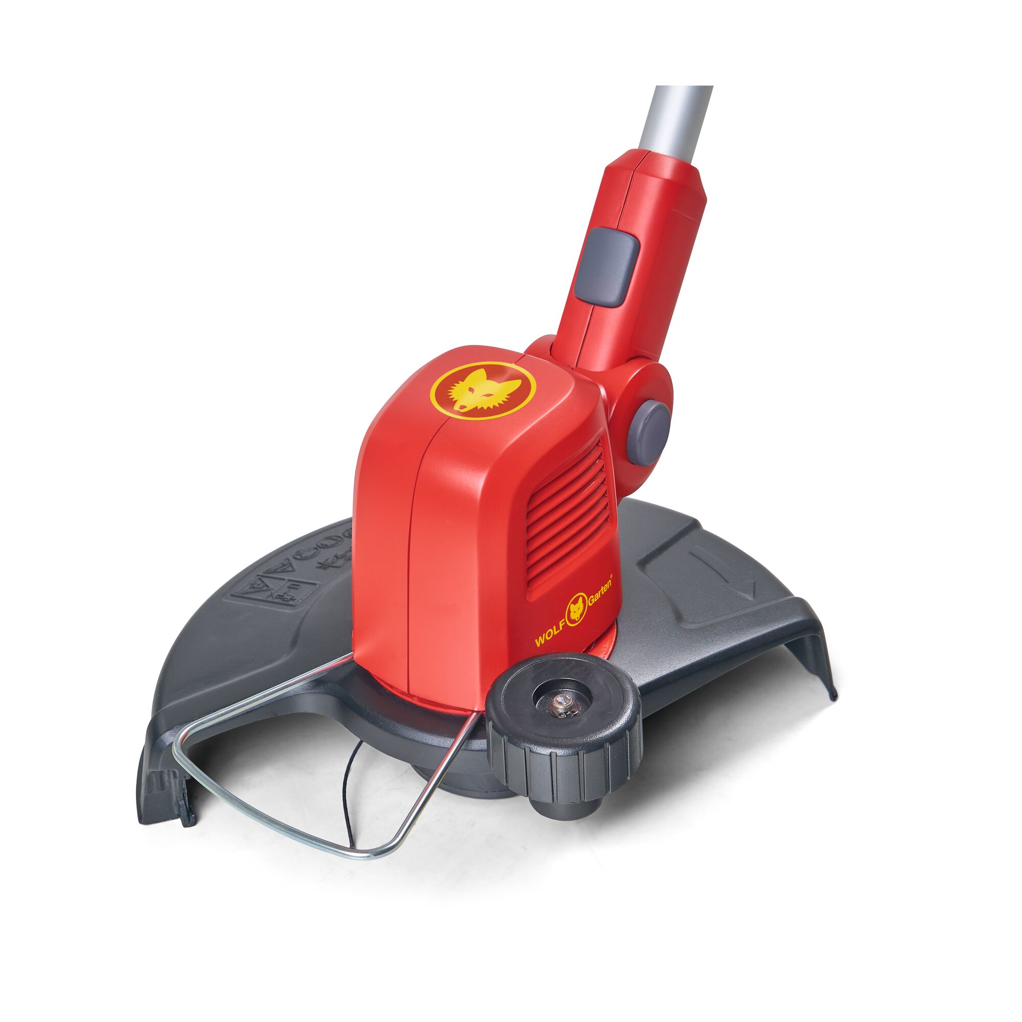 Close-up of a WOLFGarten electric grass trimmer with a red and grey body, showing the head and guard.