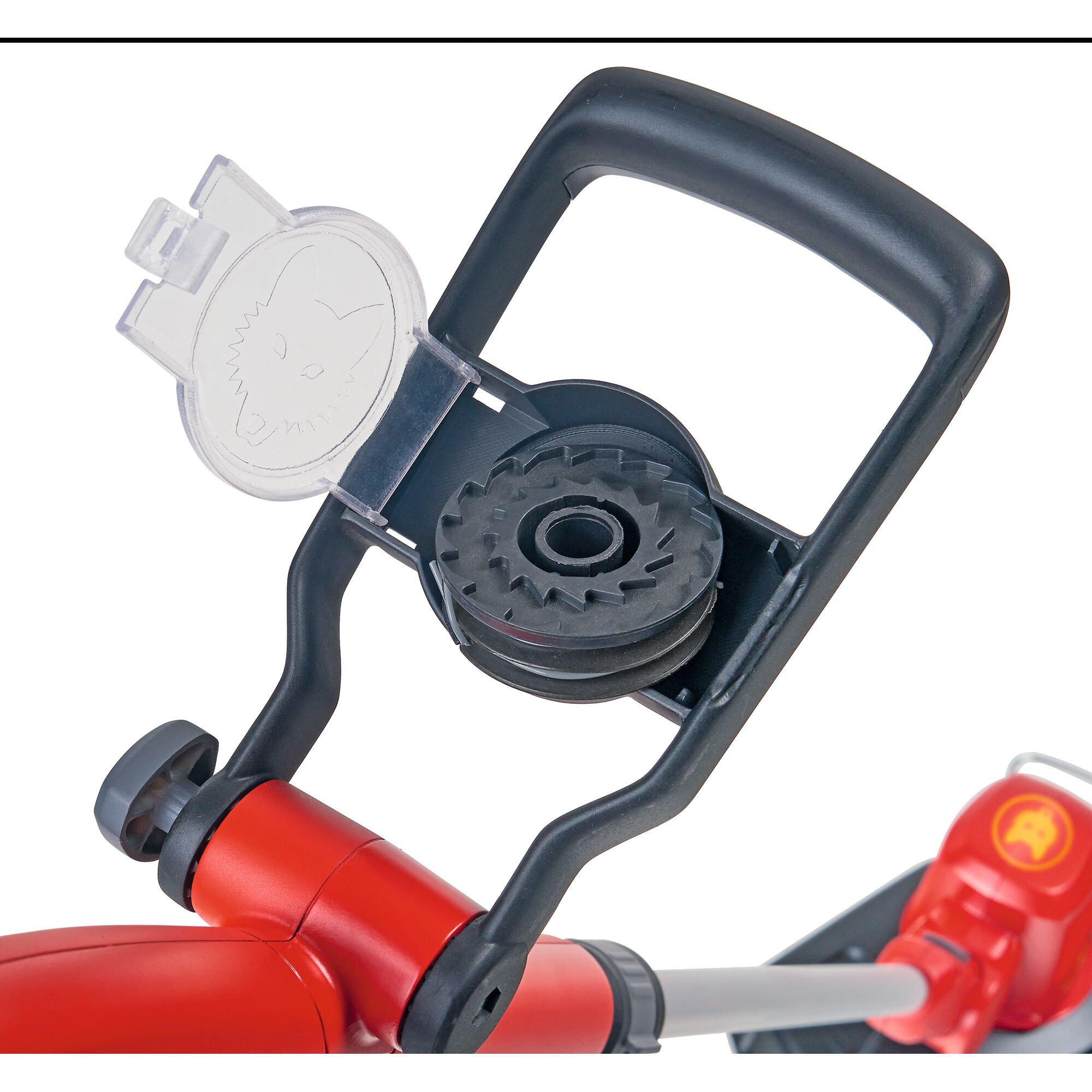 Close-up image of a handle attachment and spool holder for a WOLFGarten garden tool. The attachment is black and red, with a transparent cover displaying a wolf logo.