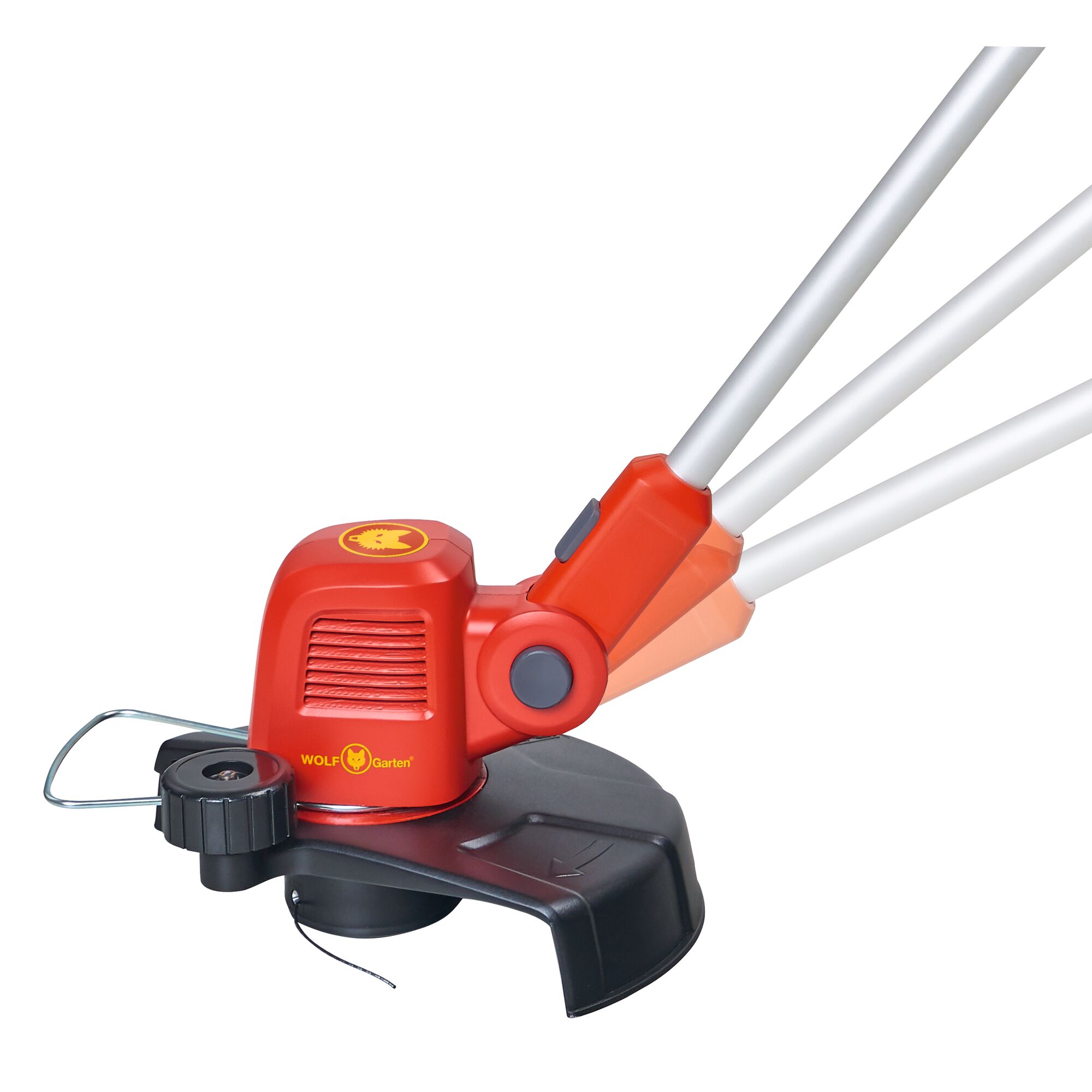 Close-up view of a WOLF-Garten lawn trimmer head, featuring a red and yellow motor housing, metal shaft, and black cutting shield.