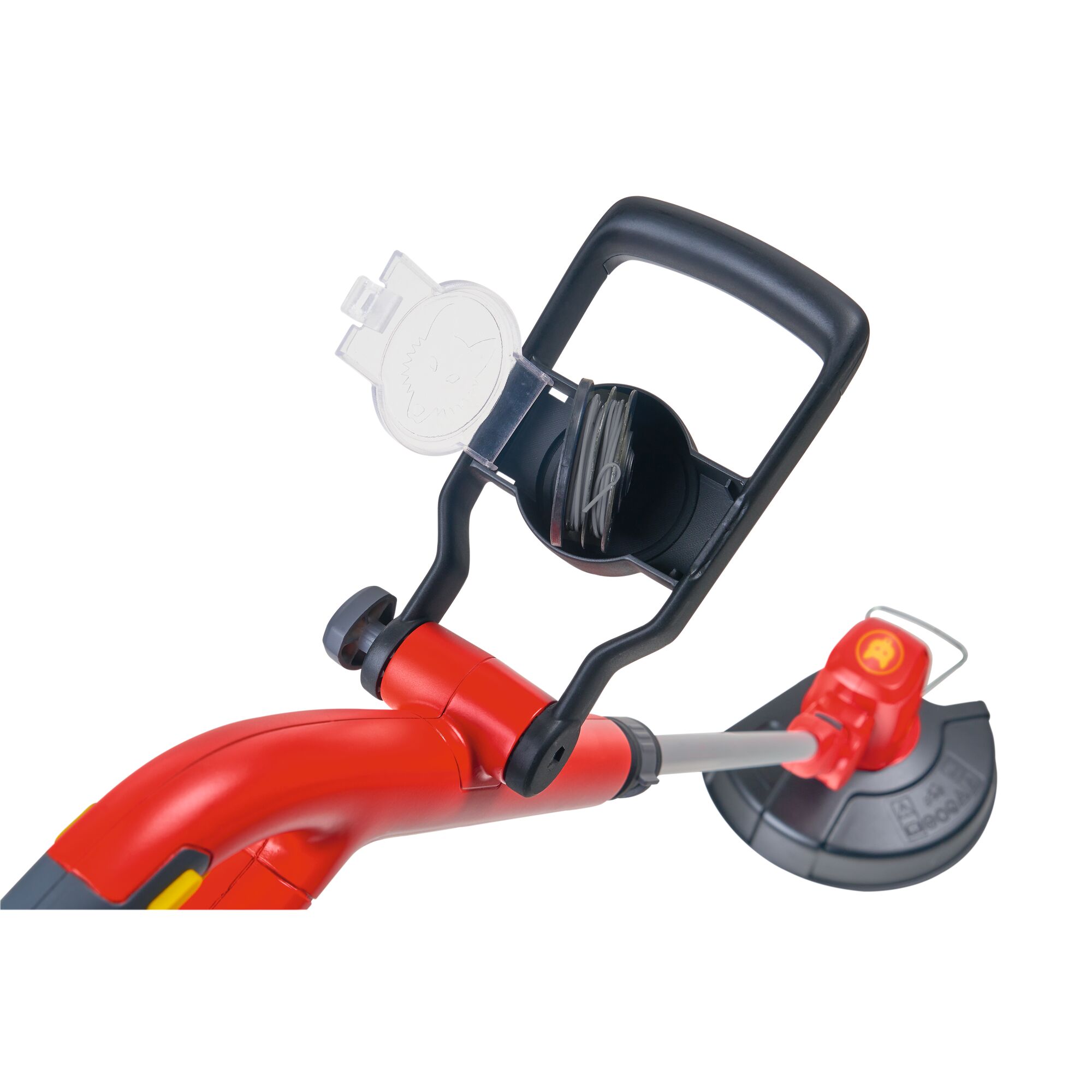 Close-up of a WOLF-Garten garden tool, specifically a grass trimmer, showing the handle, cutting head, and a transparent compartment for string storage.