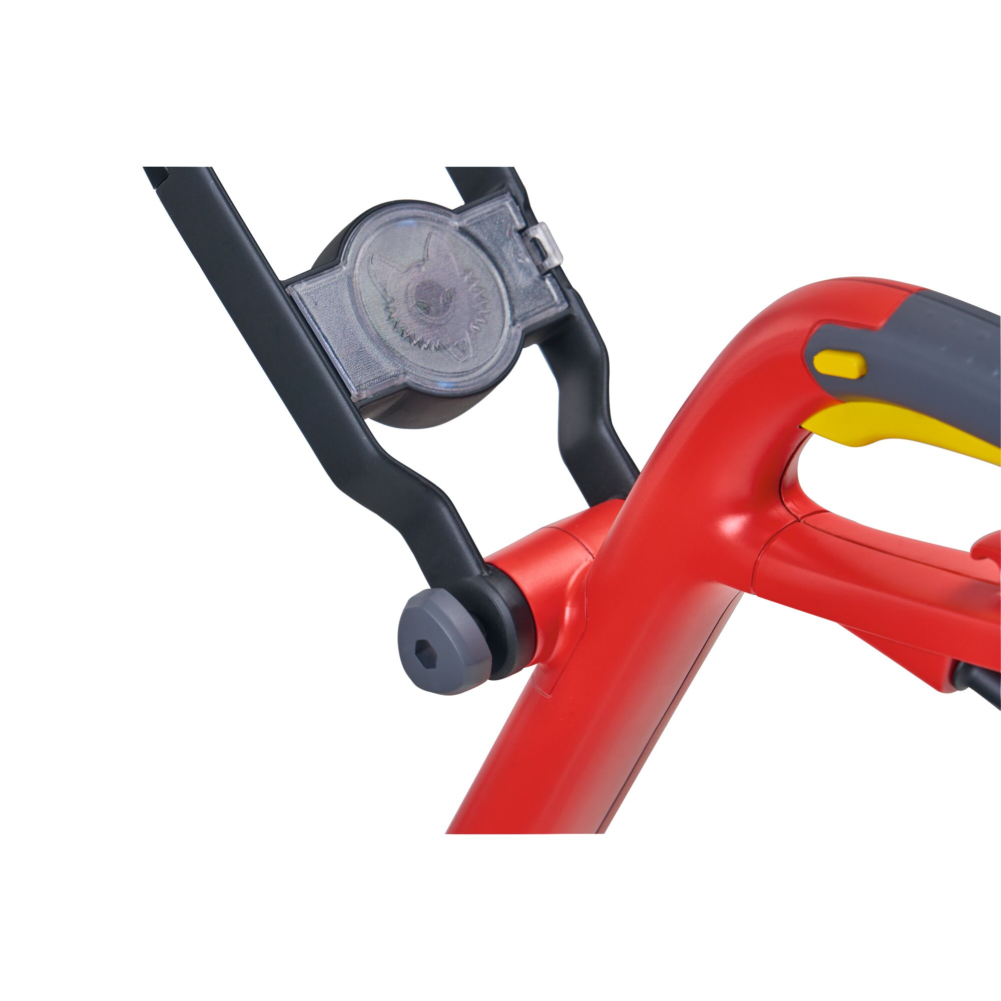 Close-up of a red and black handle with adjustment mechanism on a WOLFGarten garden tool.