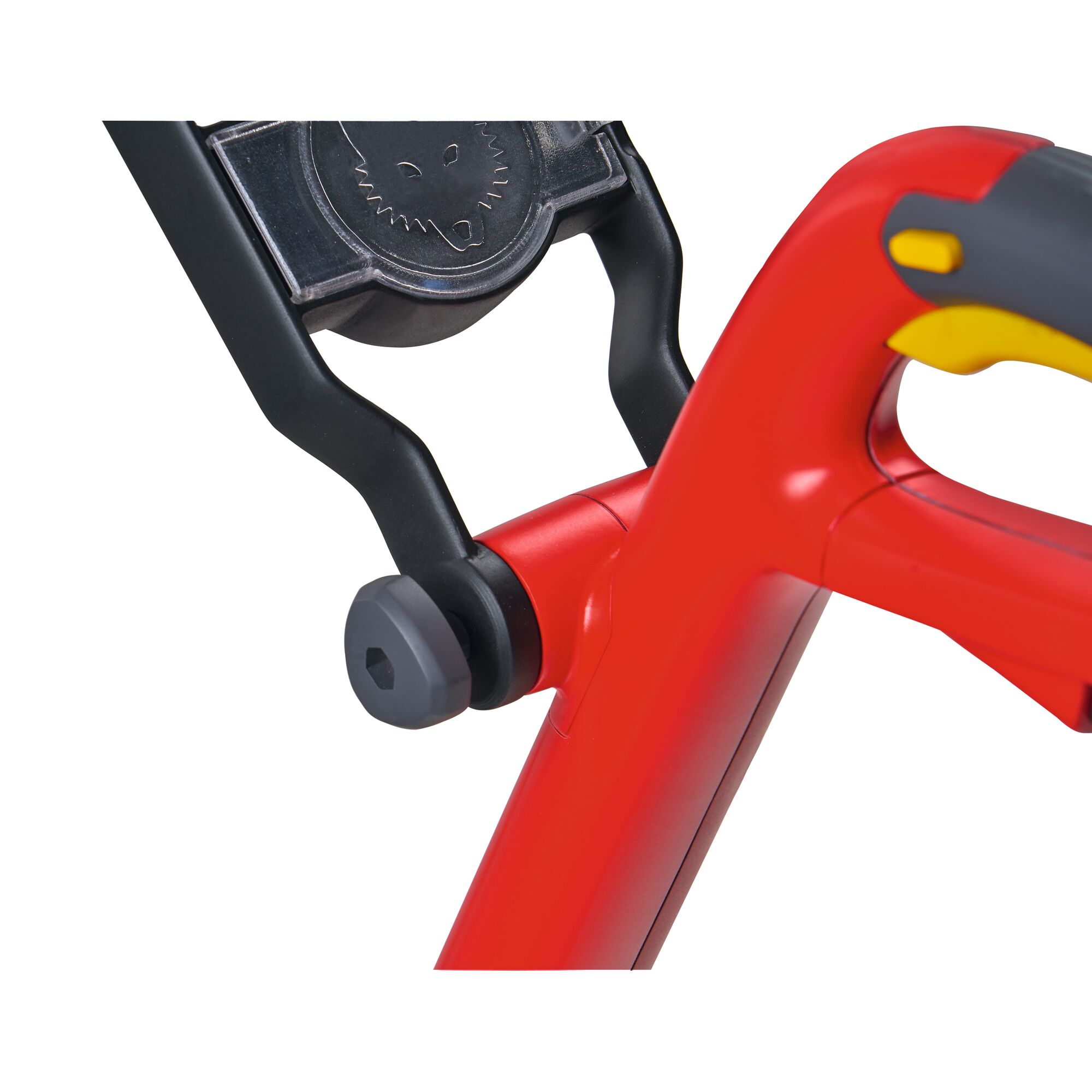 Close-up of a red and black handle on a WOLFGarten garden tool, featuring a yellow button and a wolf logo detail.