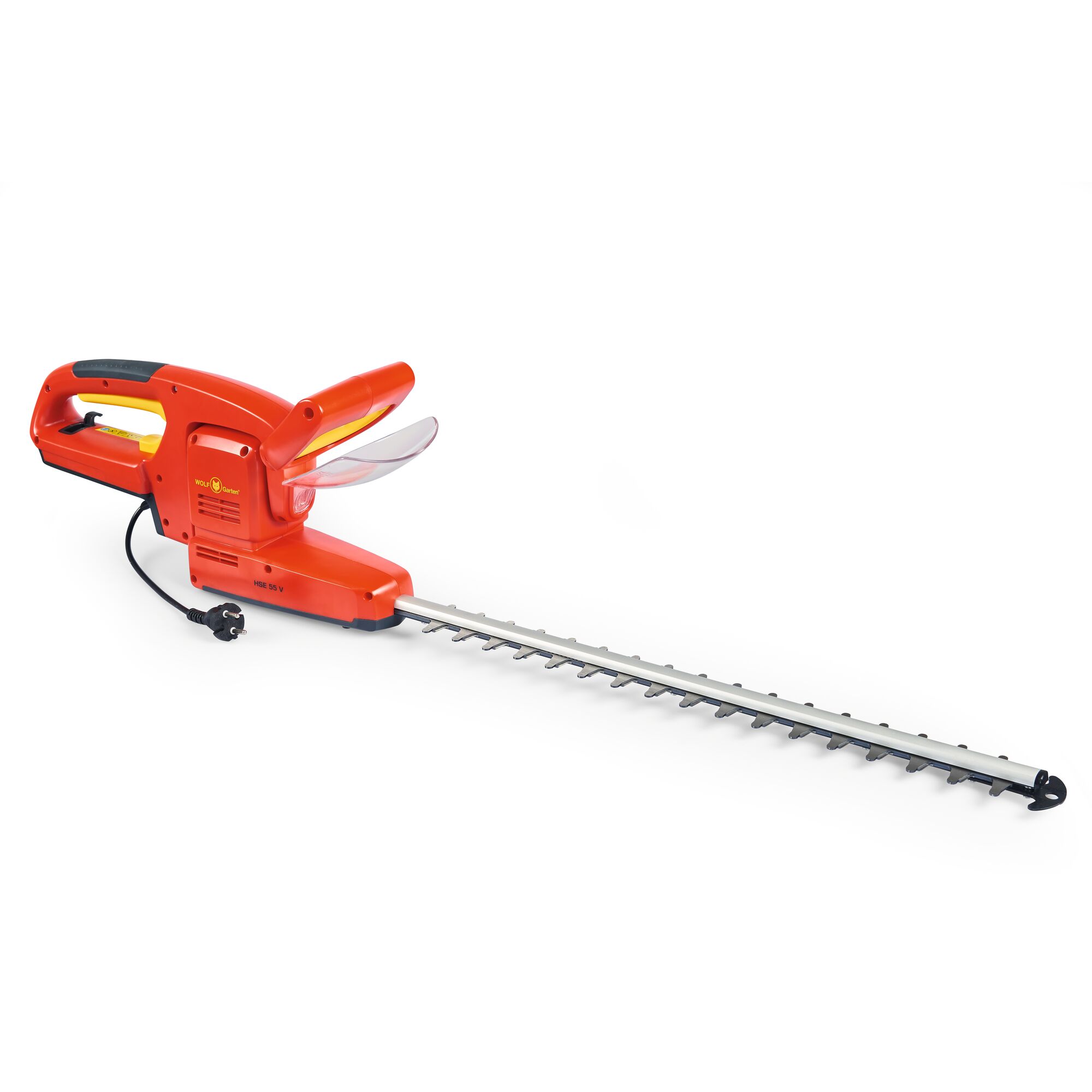 A red and black electric hedge trimmer from WOLFGarten, featuring a long blade, ergonomic handle, and a visible power cord.