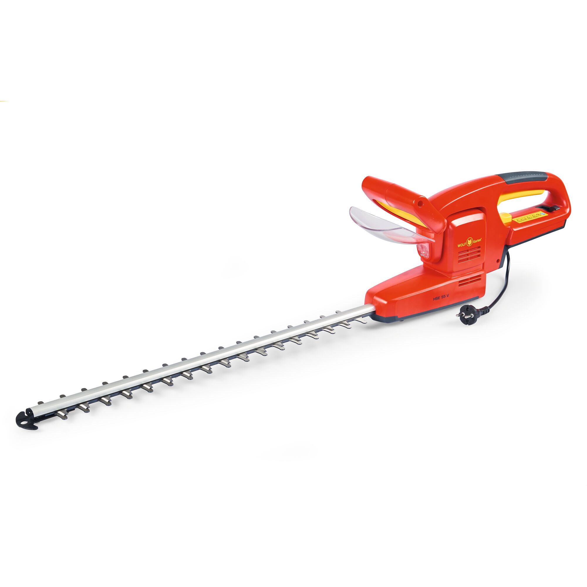 A red electric hedge trimmer with a long blade and ergonomic handle, branded WOLFGarten, shown against a white background.