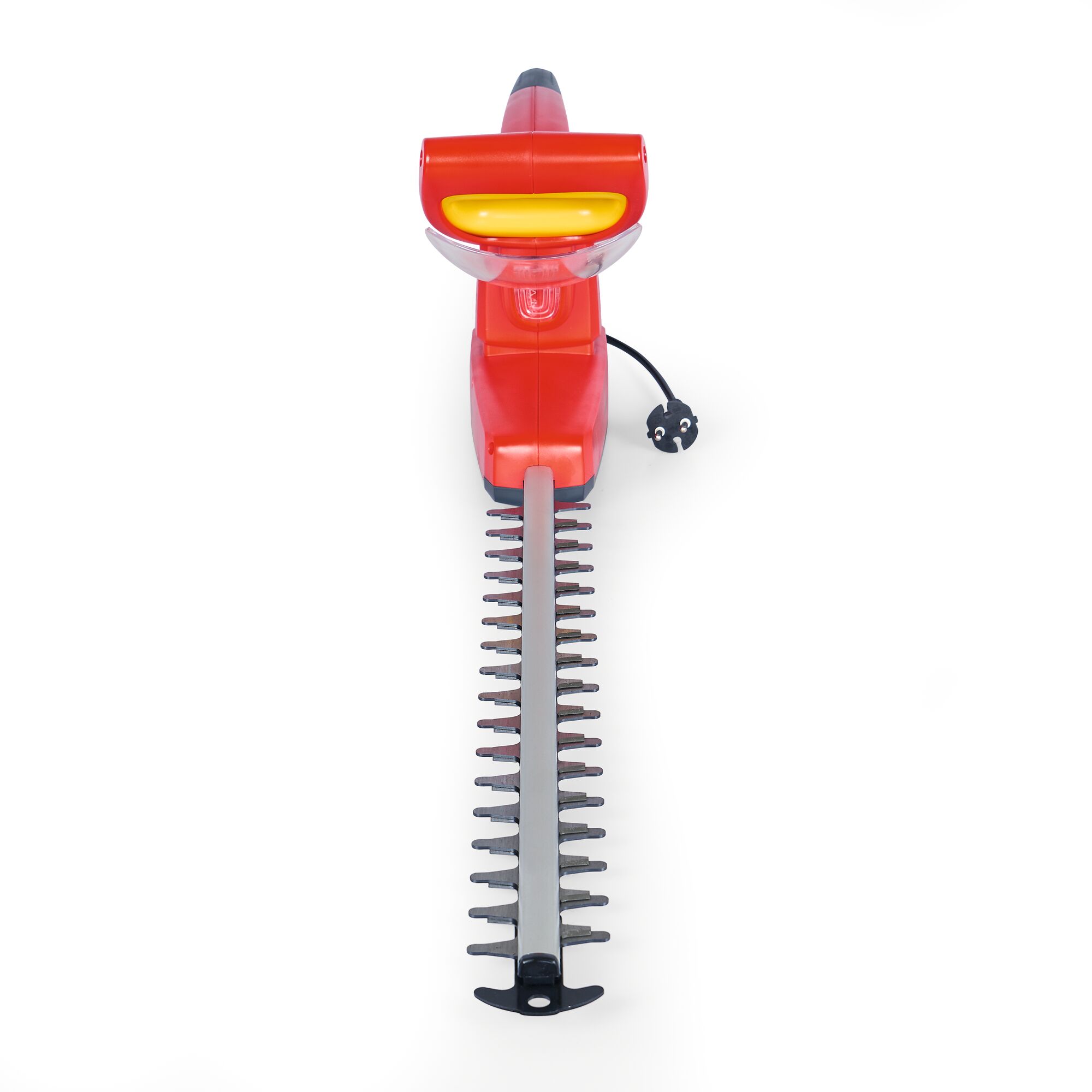 A red electric hedge trimmer with a black cord and safety guard, viewed from above against a white background.