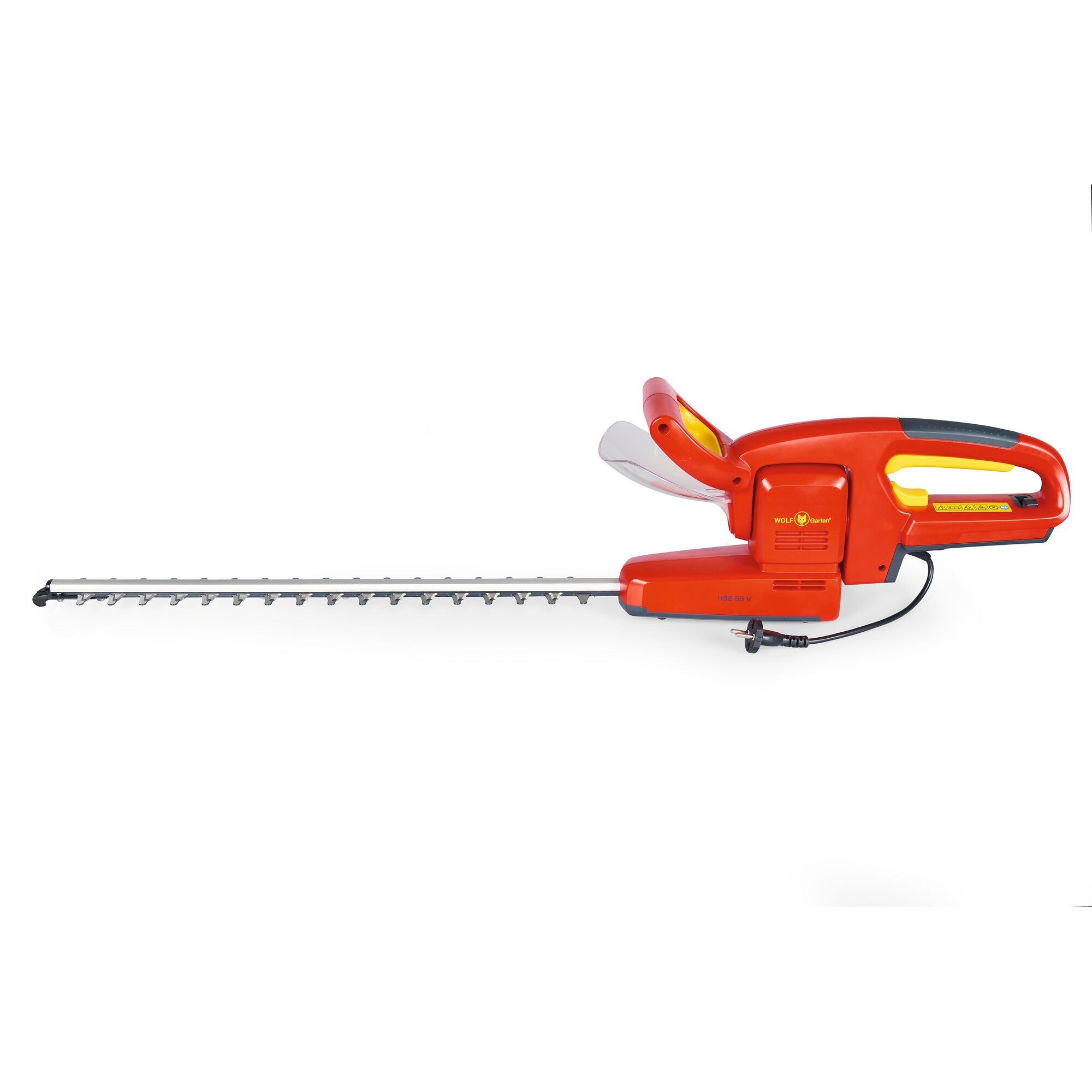 Electric hedge trimmer with a long blade and ergonomic handle in red and yellow, photographed on a white background.