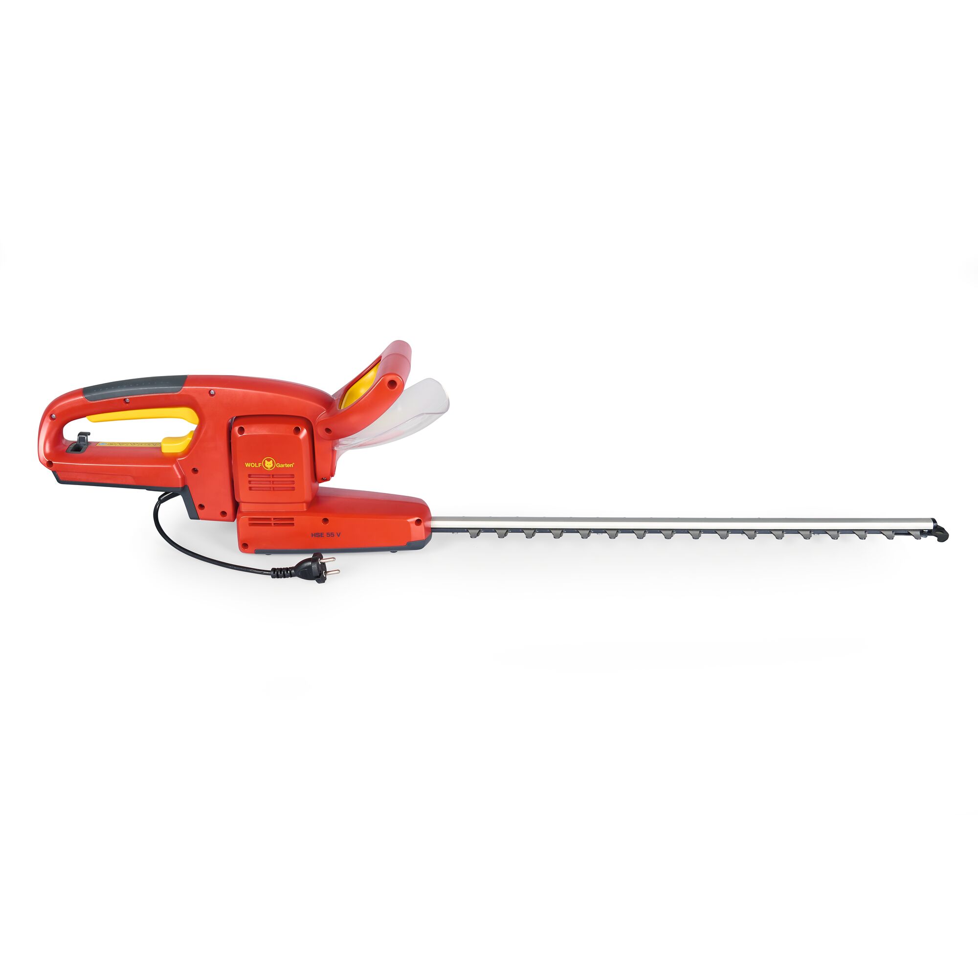A red and yellow electric hedge trimmer by WOLF-Garten, showing a long blade and ergonomic handle with a visible power cord.
