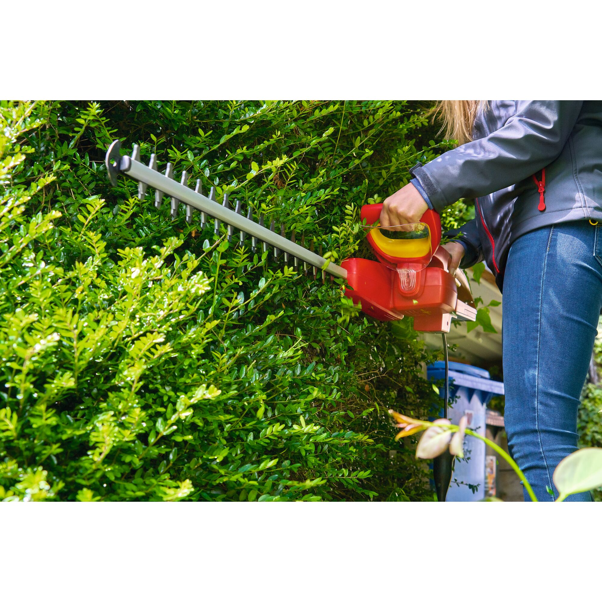 A person using a red WOLF-Garten electric hedge trimmer to trim green bushes in a garden. The person is wearing a grey jacket and blue jeans.