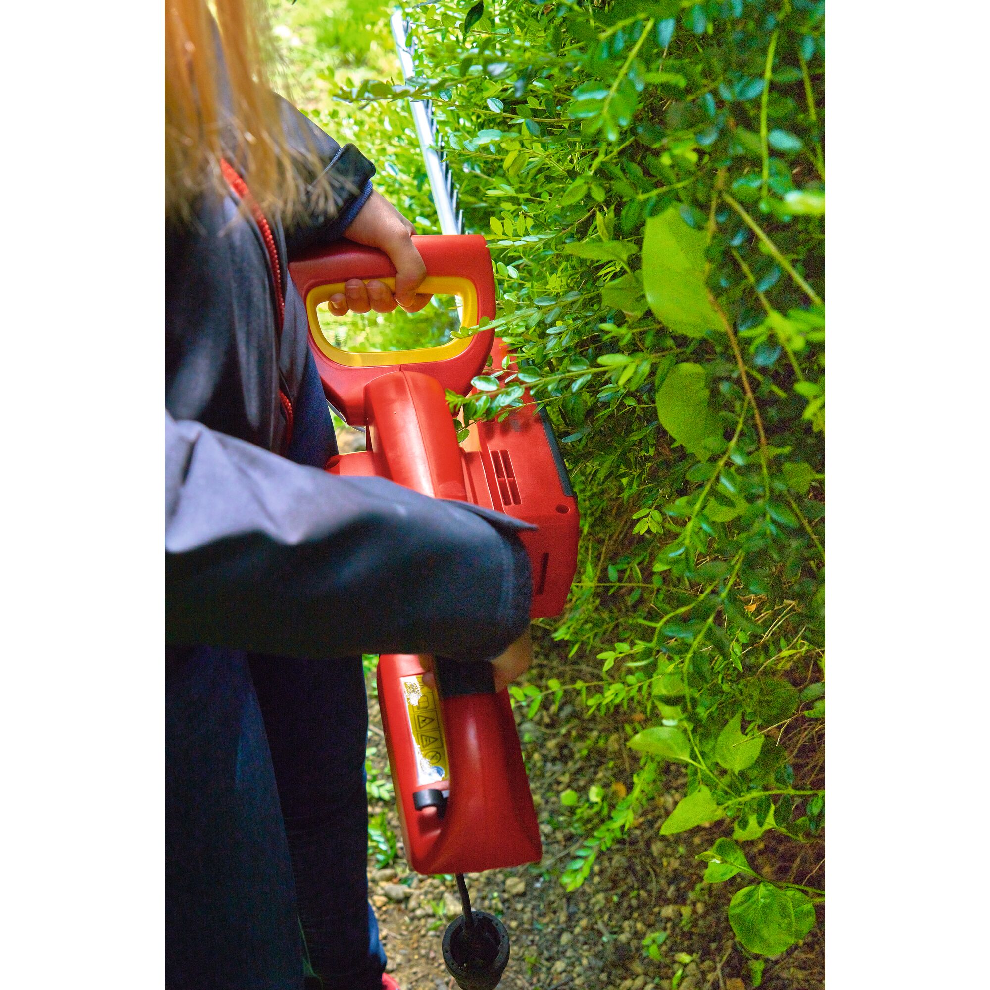 Person using a red electric hedge trimmer to trim green hedges outdoors.