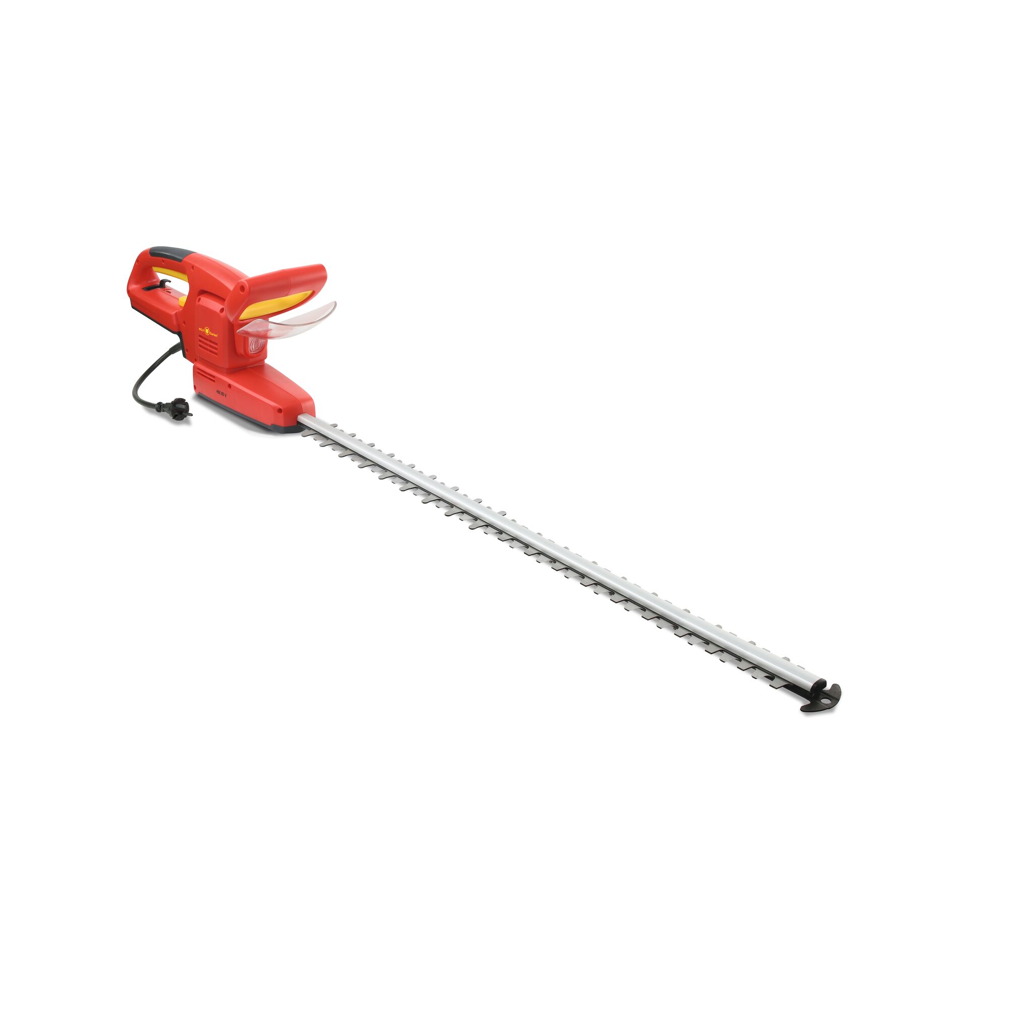A red and yellow electric hedge trimmer with a long blade and a black power cord, isolated on a white background.