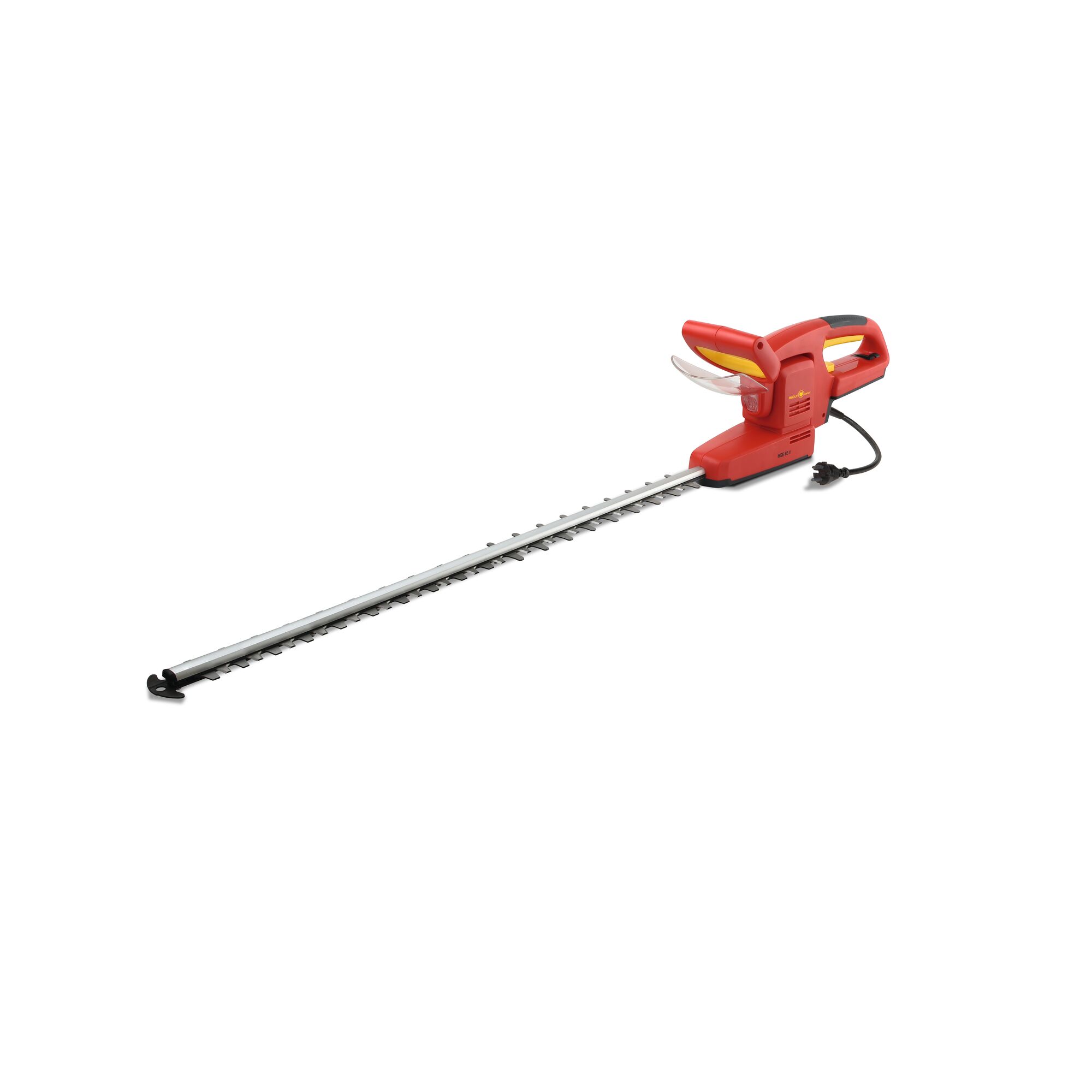 A red and yellow electric hedge trimmer with a long blade and a black cord, placed on a white background.
