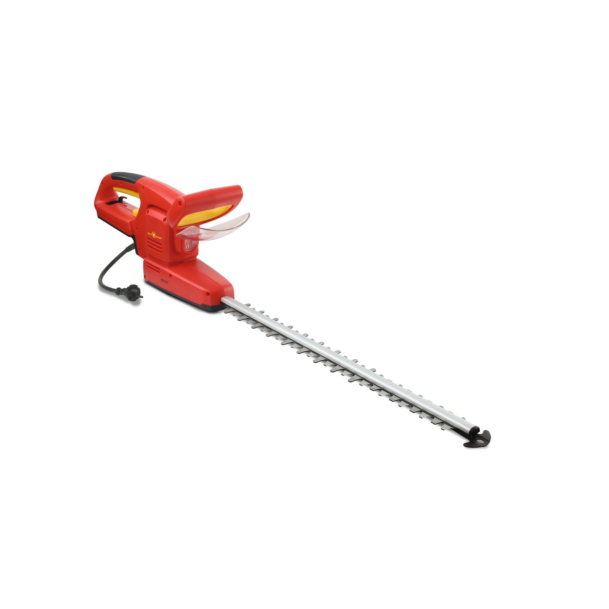 A red electric hedge trimmer with a long silver blade, black handle, and clear protective guard. The trimmer has a power cord attached and is designed for garden maintenance.