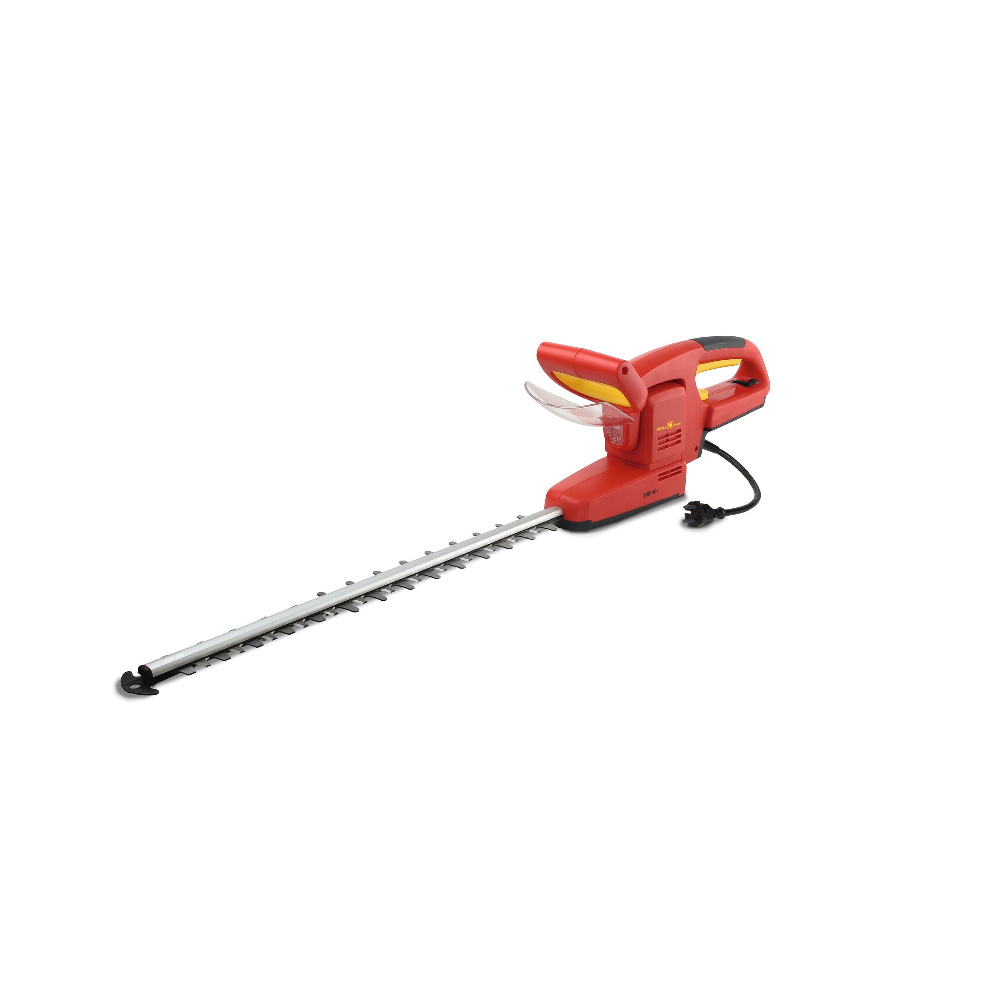 A red electric hedge trimmer with a long blade and a black power cord, suitable for gardening and trimming hedges.