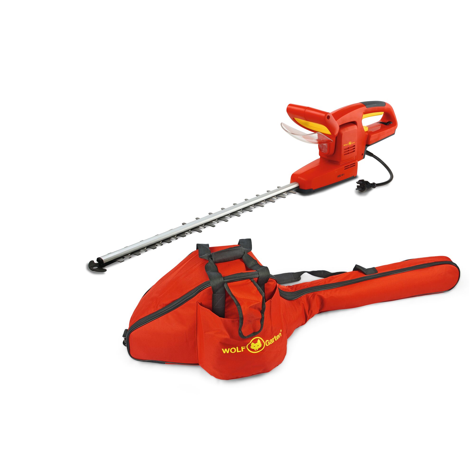 An electric hedge trimmer with a long blade and a red handle, accompanied by a red carrying case with black straps and the WOLF Garten logo.