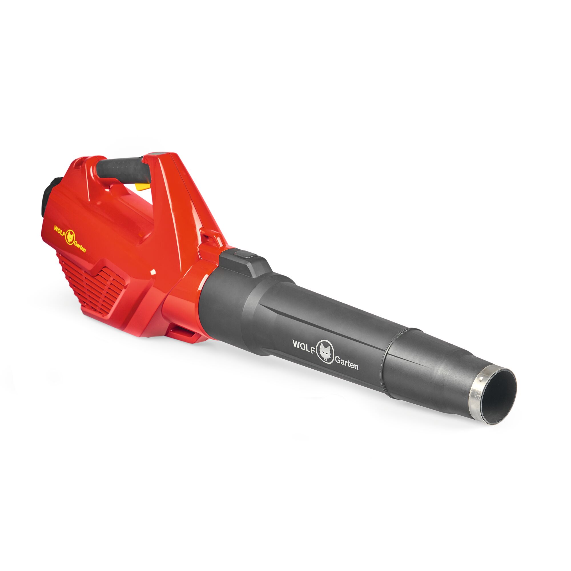 A WOLFGarten leaf blower with a red body and black nozzle, designed for outdoor garden maintenance.