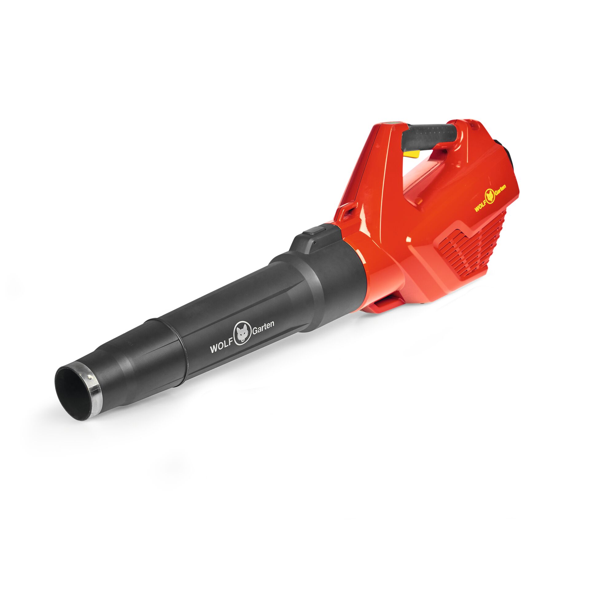 A WOLFGarten leaf blower with a red and black design, featuring a handle and nozzle, displayed on a white background.