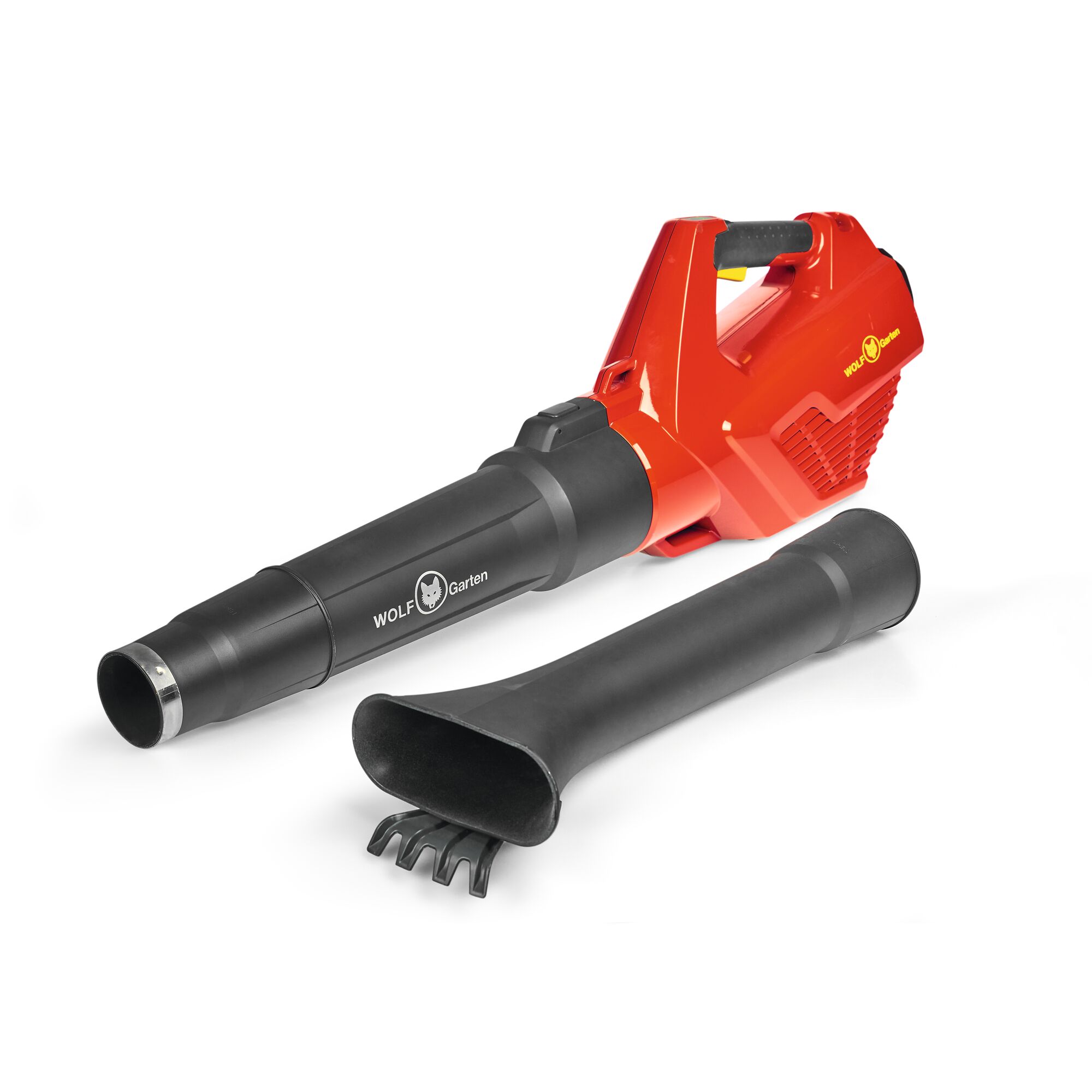 A red and black leaf blower from WOLFGarten, with a detachable nozzle attachment placed beside it on a white background.