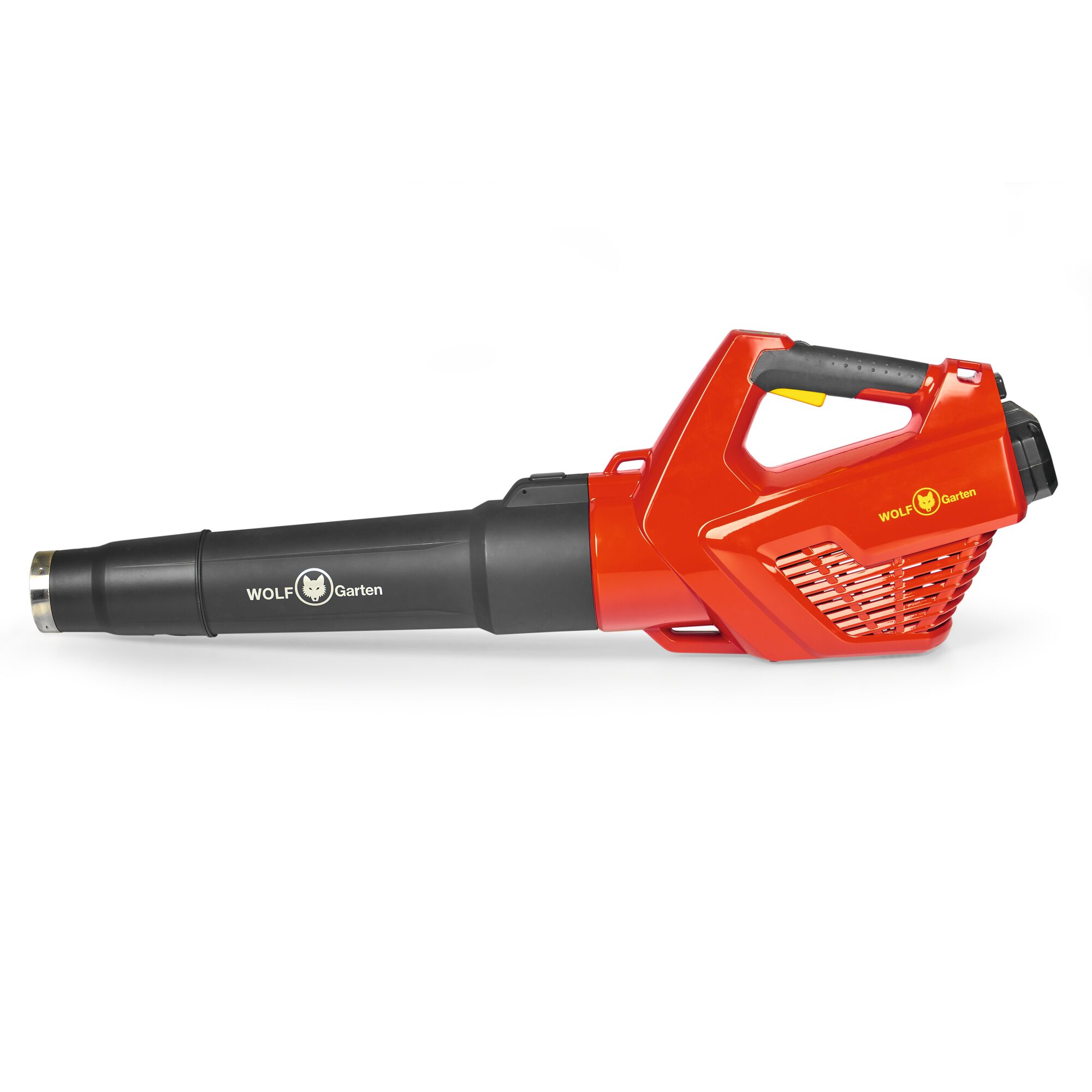 A WOLFGarten cordless leaf blower with a black nozzle and red body, featuring a handle and brand logo printed on the side.