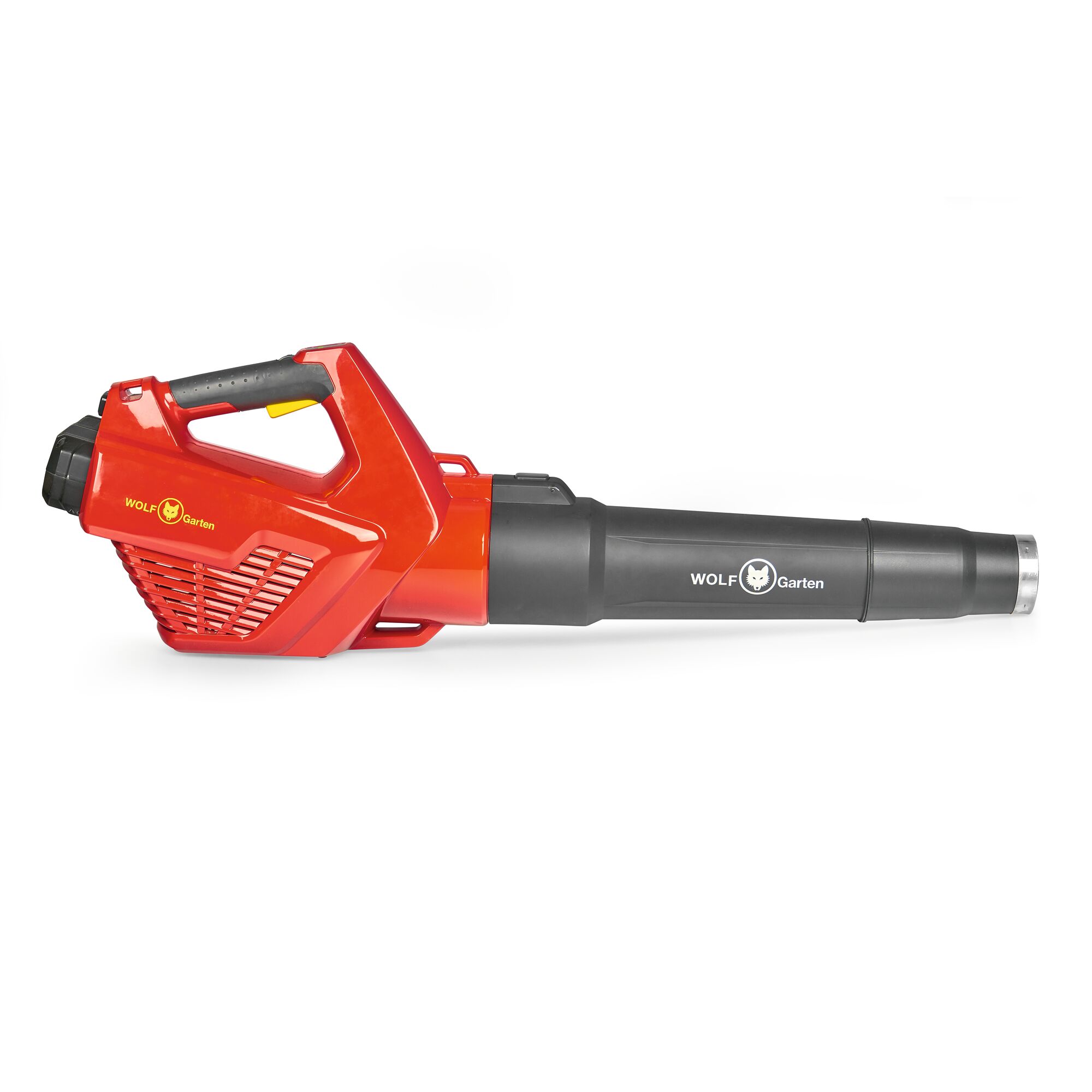 A red and black WOLF-Garten cordless leaf blower with a handle and vented motor housing, shown on a white background.