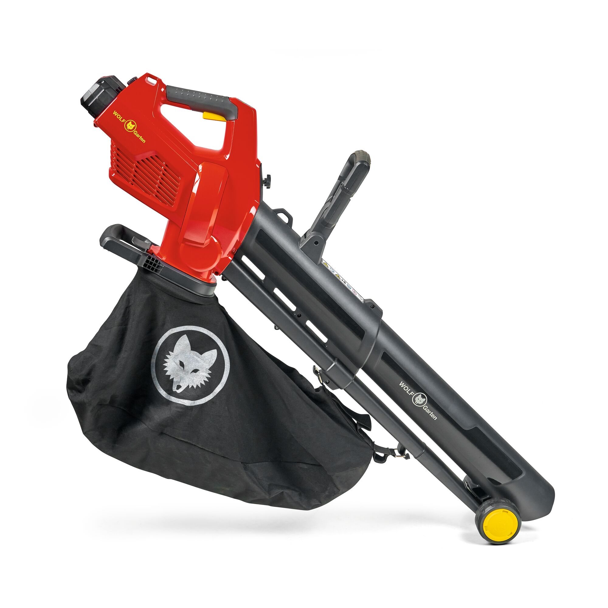 A WOLFGarten garden vacuum and leaf blower with a red and black design, featuring a collection bag with a wolf logo and yellow wheels, shown isolated on a white background.