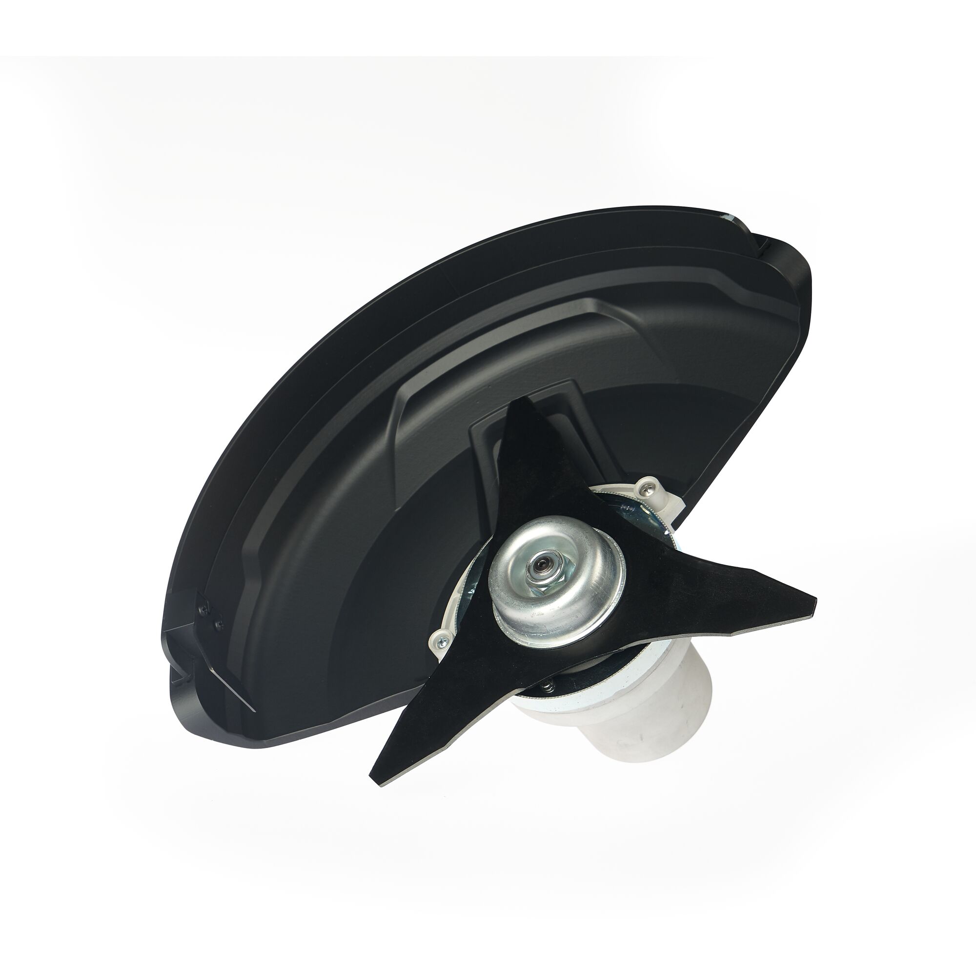 Close-up image of a lawn trimmer blade with a protective black cover, photographed against a white background.