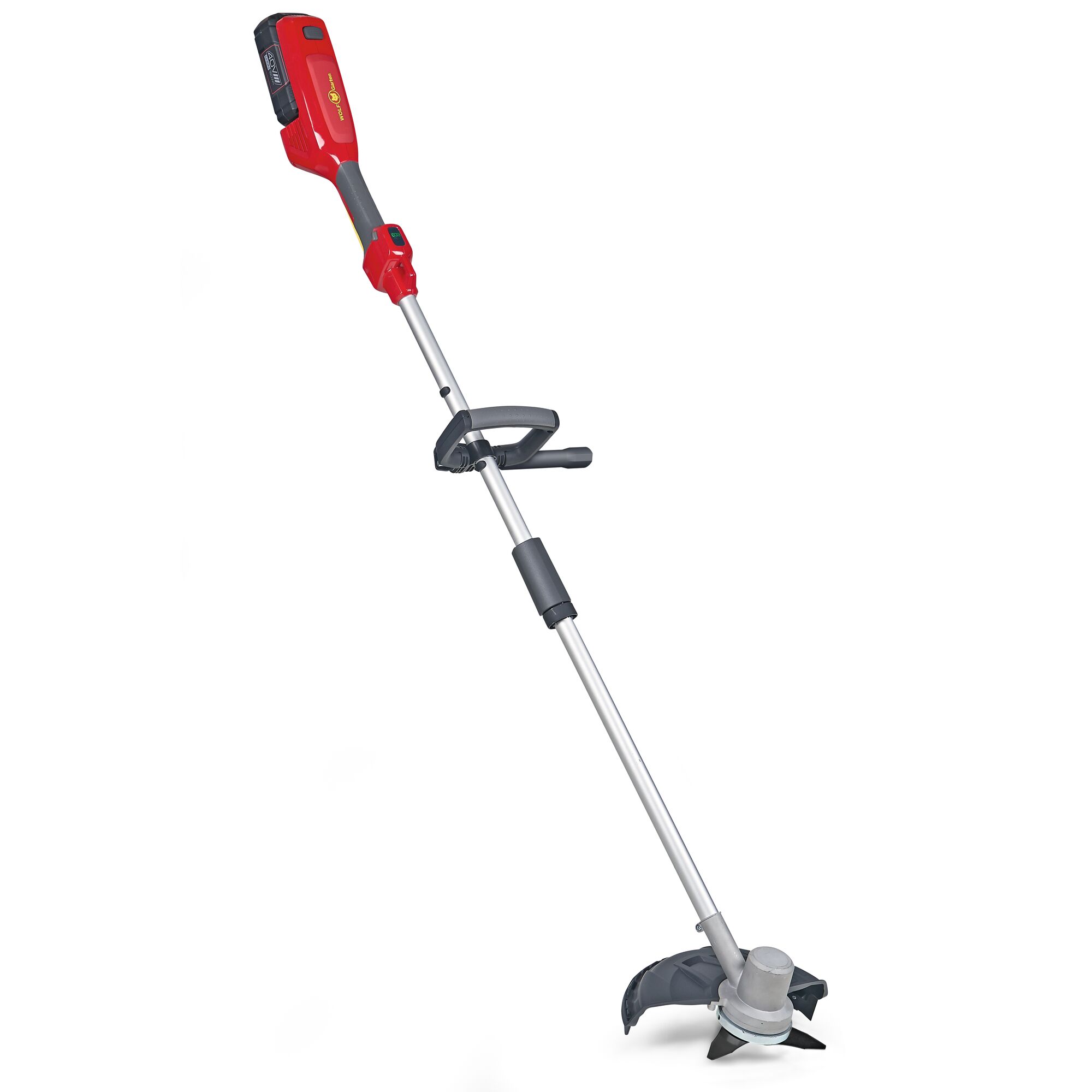 A red and gray cordless electric grass trimmer with an adjustable handle and protective guard, designed for garden and lawn maintenance.