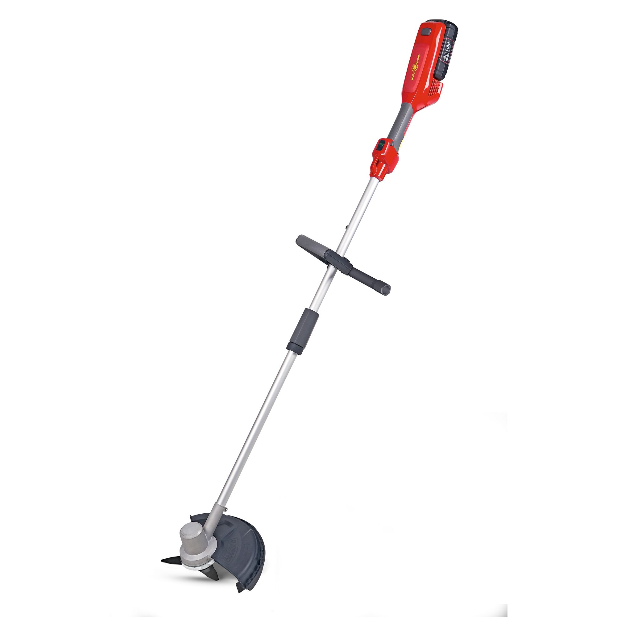 A cordless electric grass trimmer with a red and grey handle, straight shaft, and black protective guard near the cutting head.