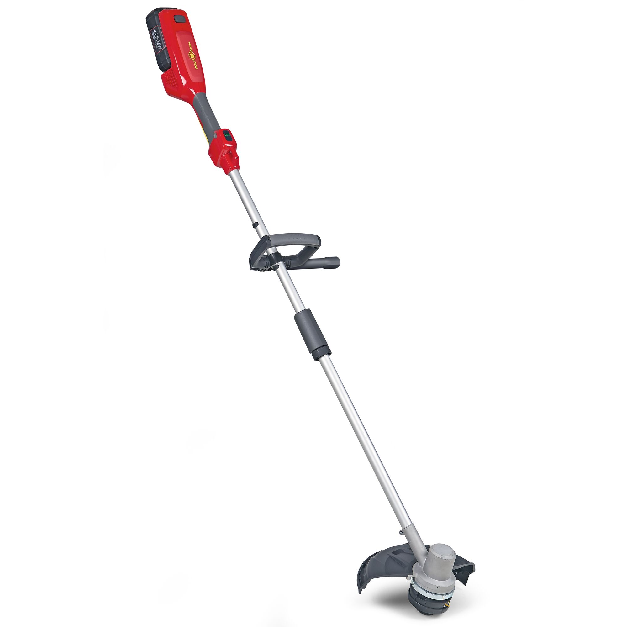 A red and silver cordless electric grass trimmer with a black handle and protective guard, shown on a white background.