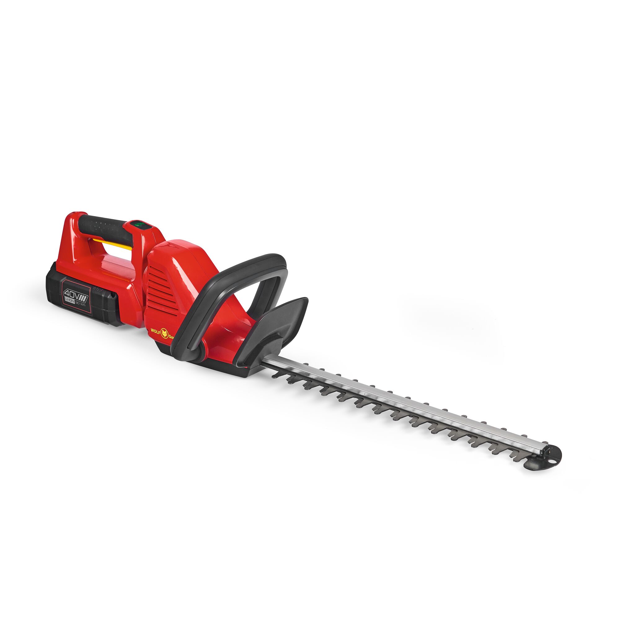 A red and black cordless hedge trimmer with a long blade, ergonomic handle, and visible battery compartment.
