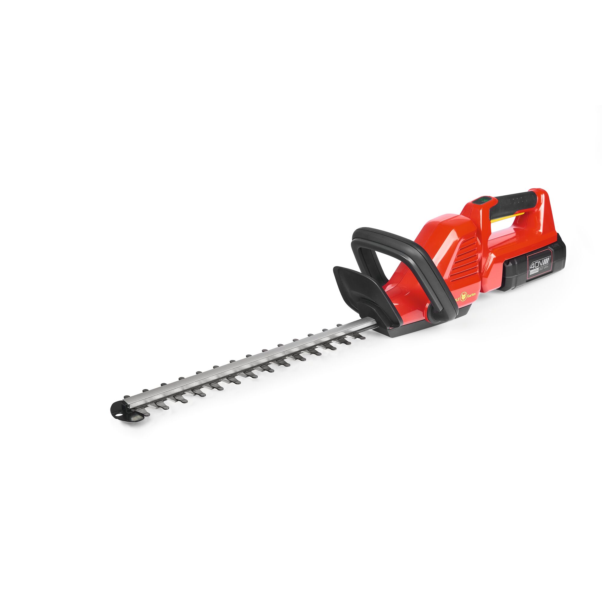 A red and black cordless hedge trimmer from WOLFGarten, featuring a long blade and ergonomic handle, placed against a white background.