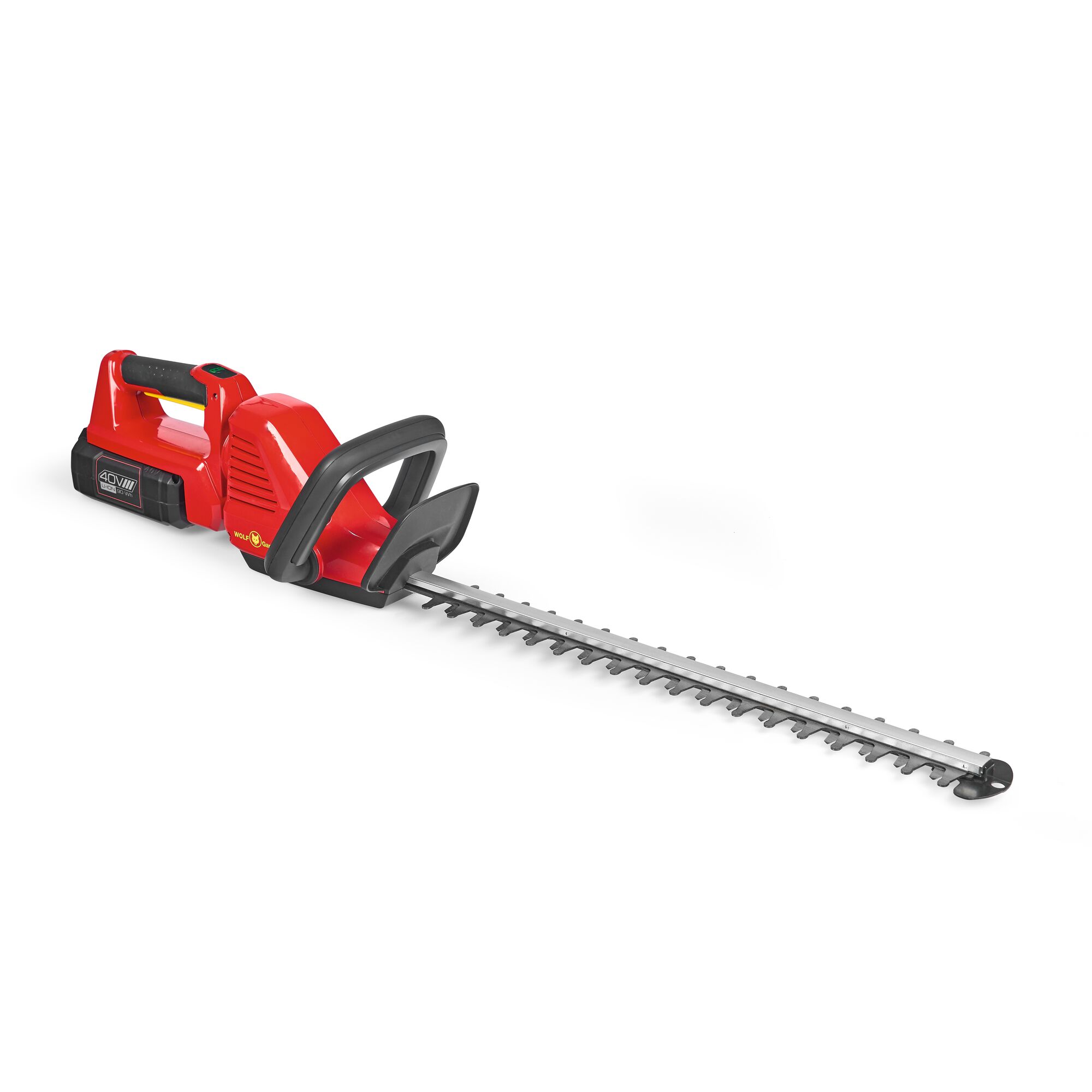 A red and black cordless hedge trimmer with a long blade, ergonomic handle, and visible battery pack.