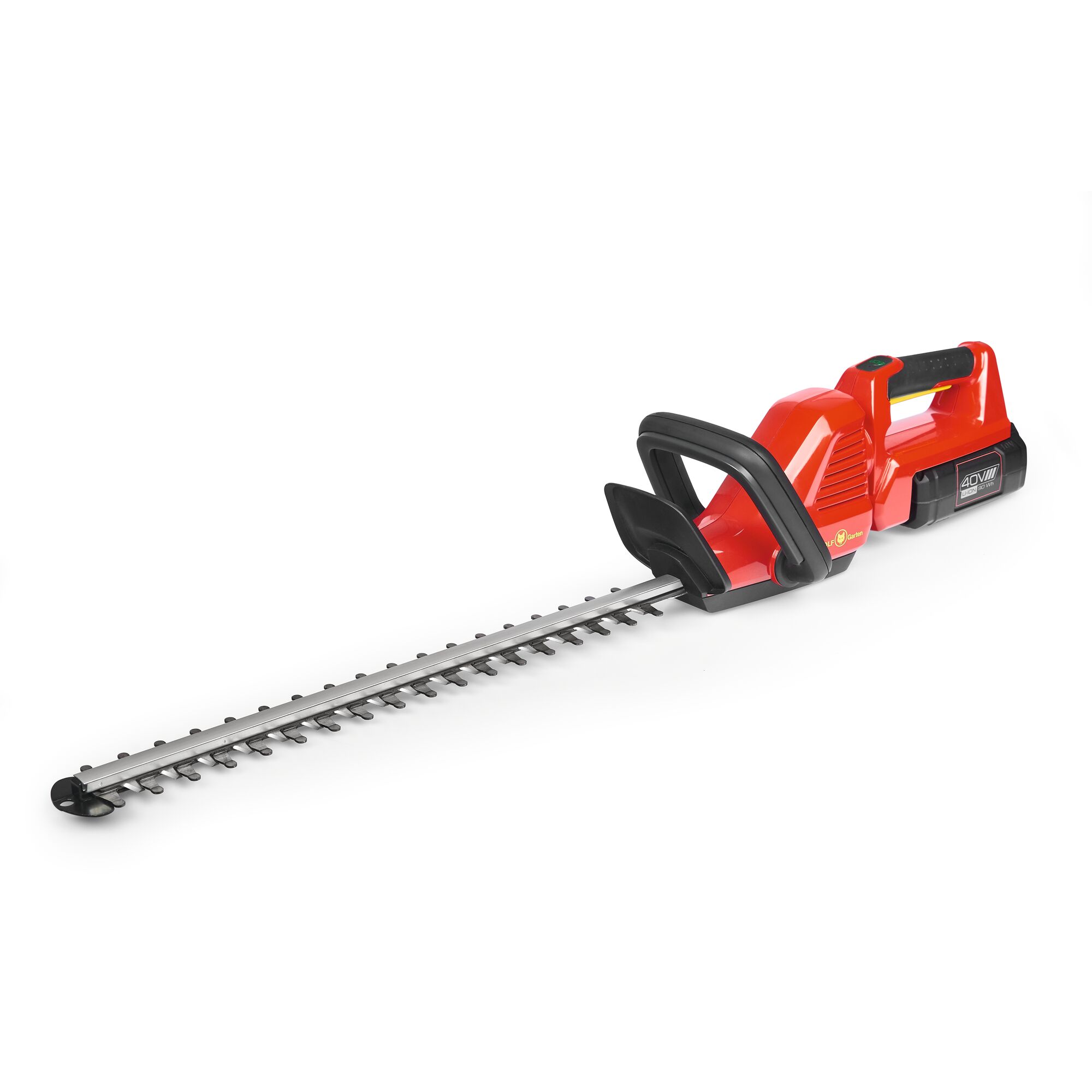 A red and black cordless electric hedge trimmer with a long blade and ergonomic handle, photographed on a white background.