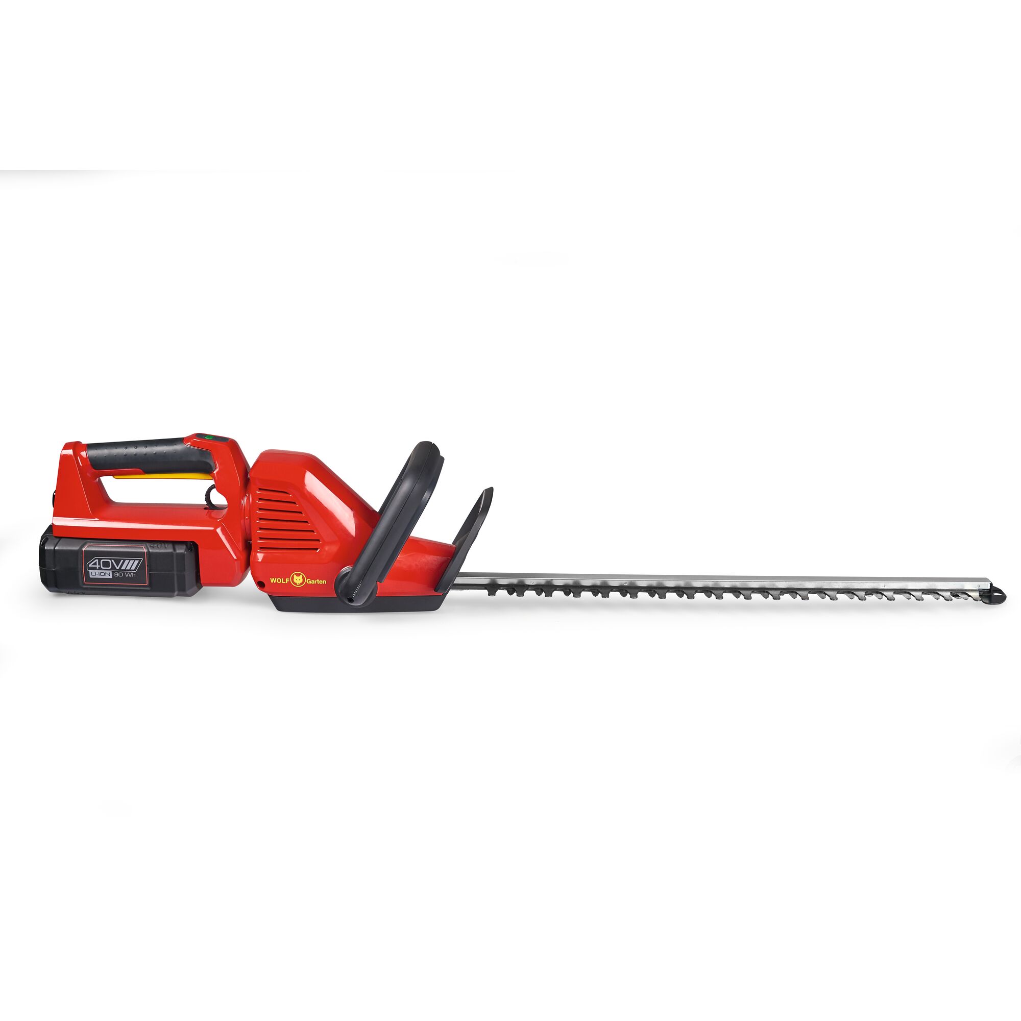 A red cordless hedge trimmer from WOLFGarten with a 40V battery, ergonomic black handle, and long cutting blade.