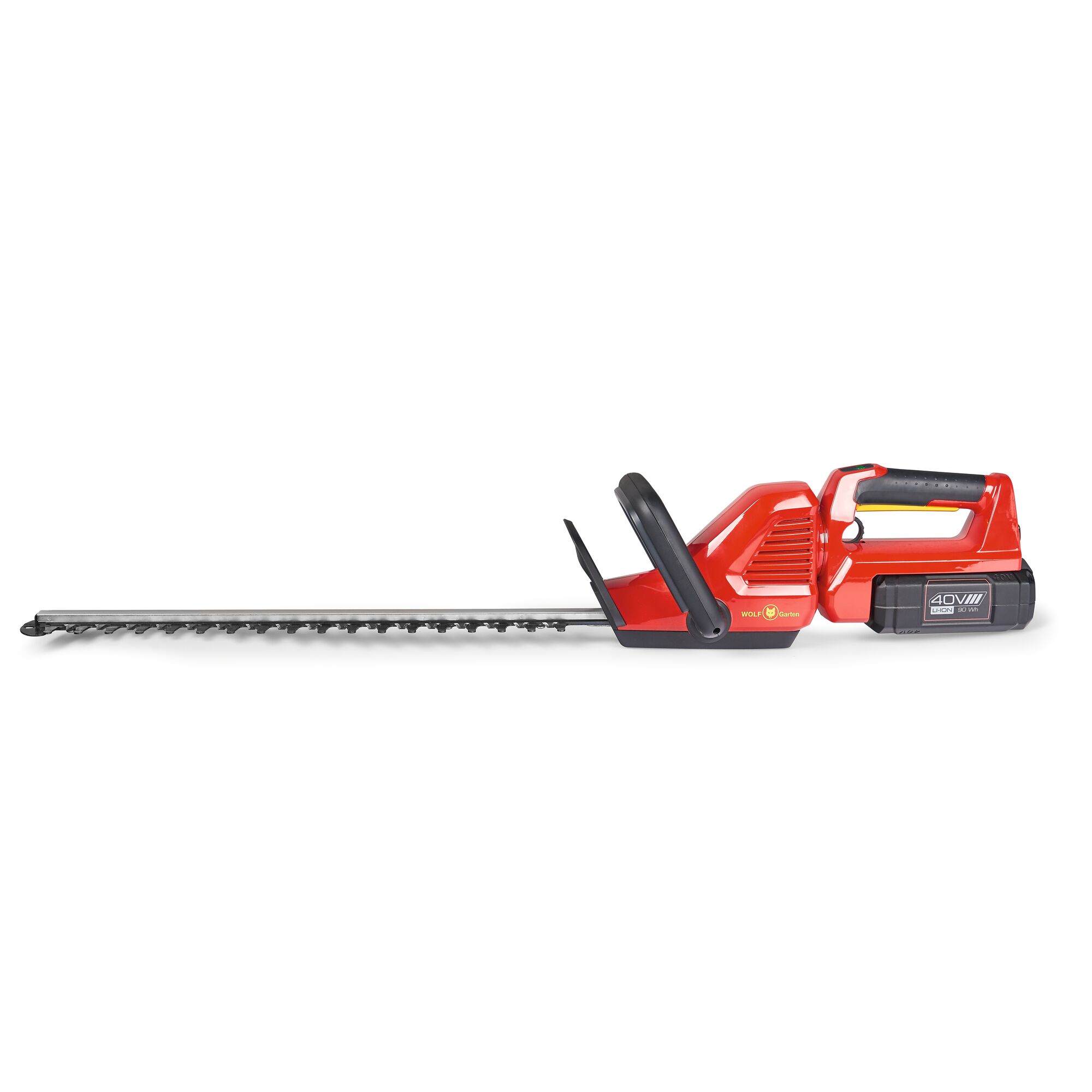 A red and black cordless hedge trimmer from WOLF-Garten, featuring a long blade and ergonomic handle.